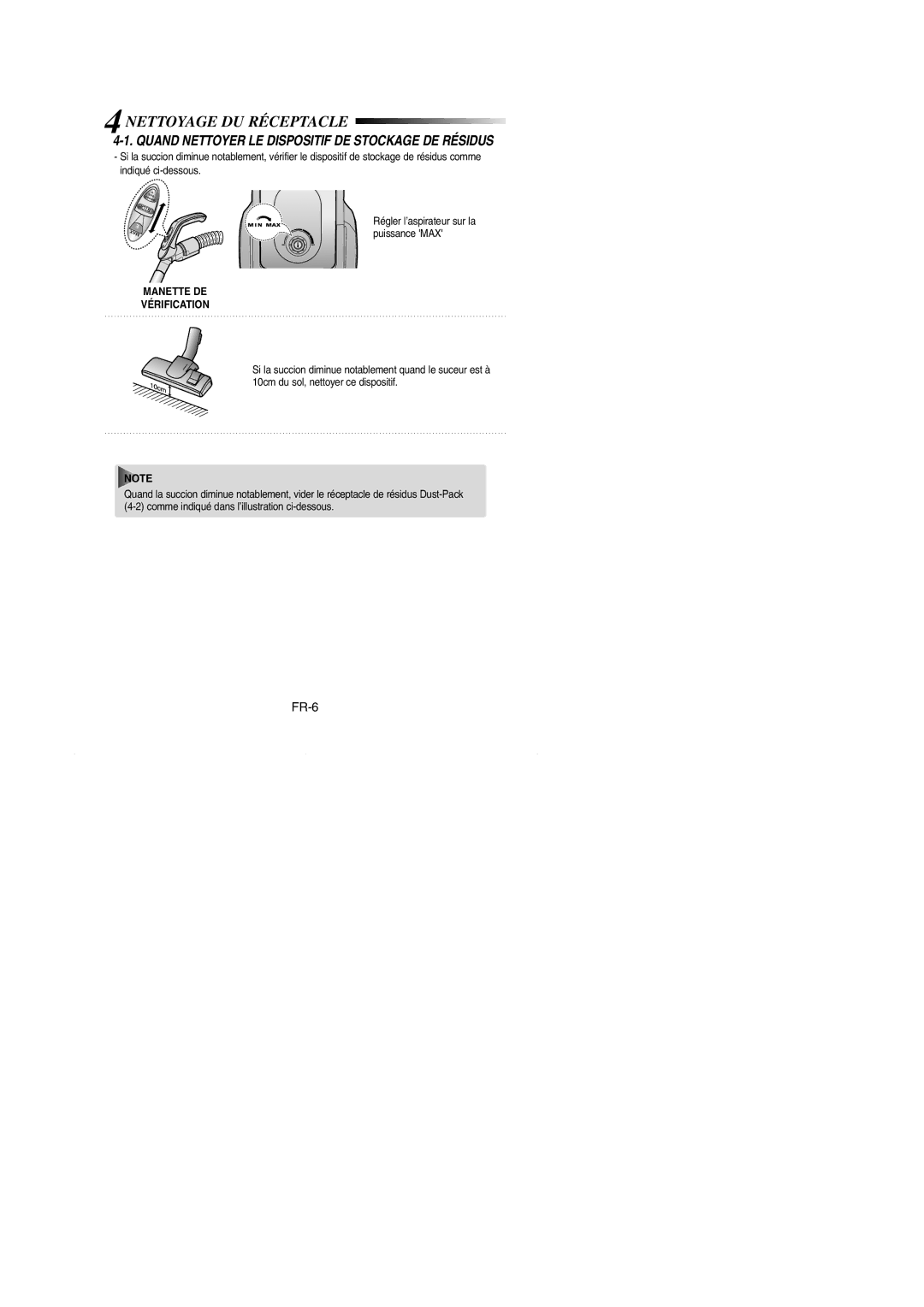 Samsung VCC4330V31/XEH, VCC4330V2R/NEC manual Nettoyage DU Réceptacle, Manette DE Vérification 