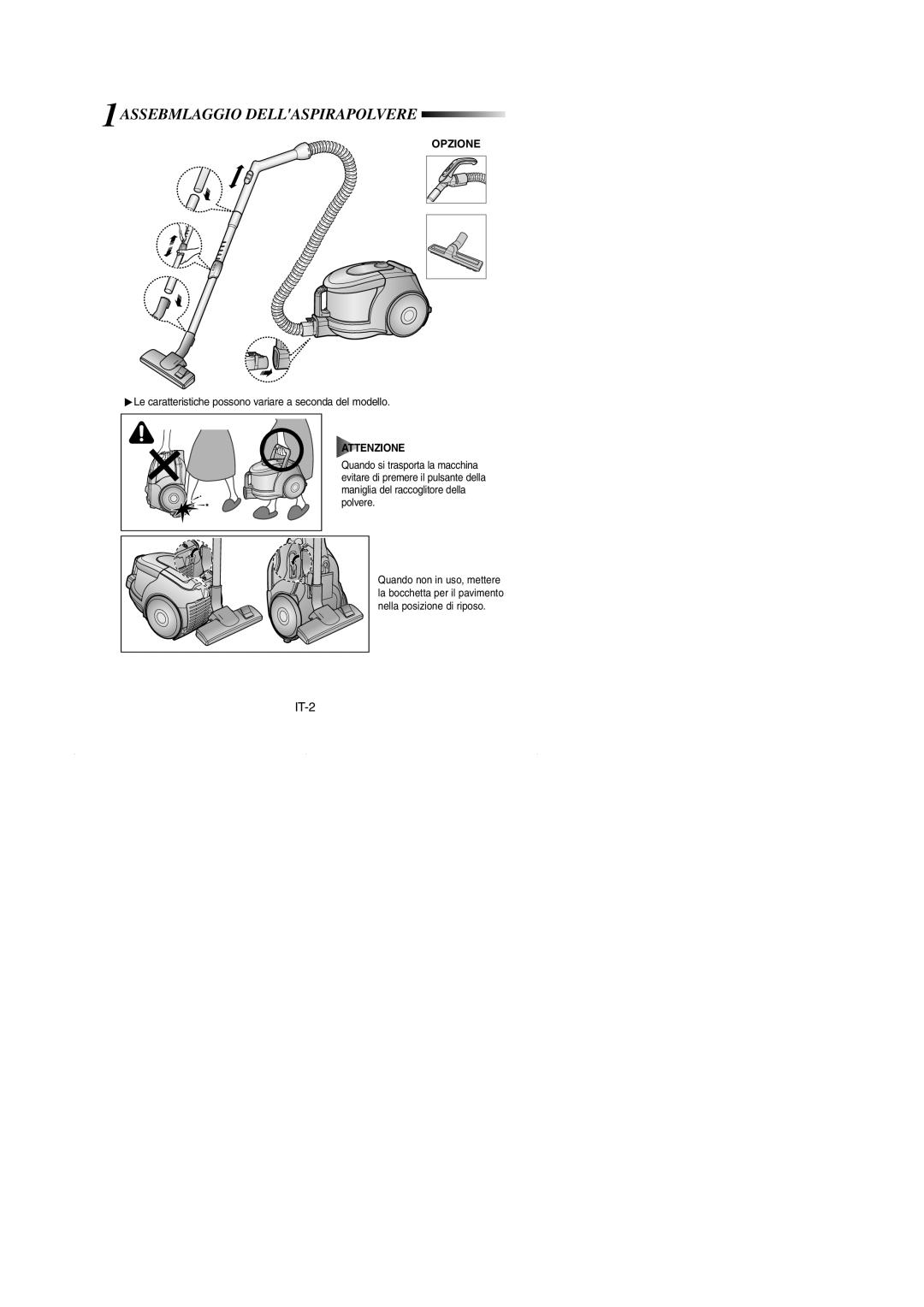 Samsung VCC4330V31/XEH, VCC4330V2R/NEC manual 1ASSEBMLAGGIO Dellaspirapolvere, Opzione, Attenzione 