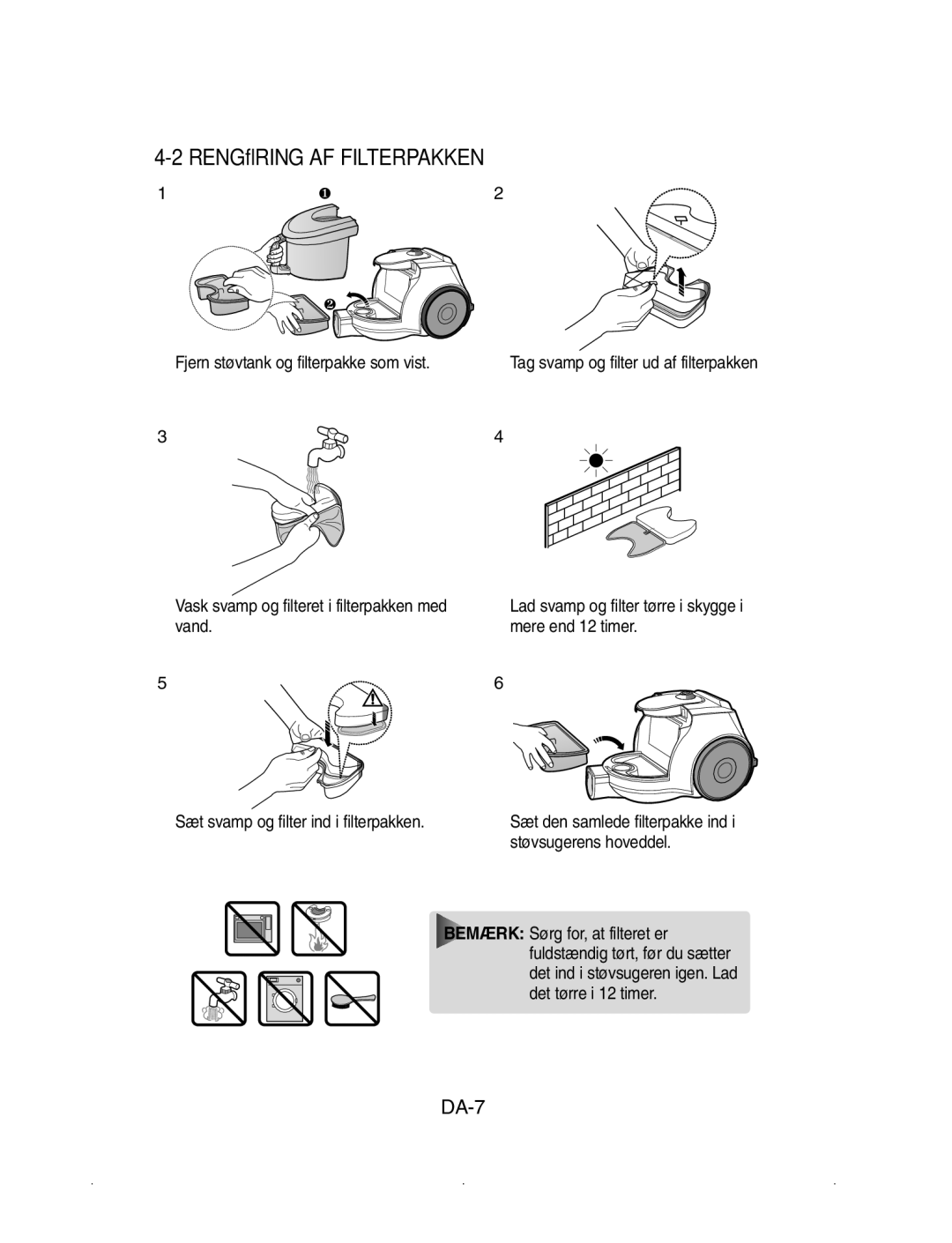 Samsung VCC4330V3K/XEE manual Rengøring AF Filterpakken, Støvsugerens hoveddel 