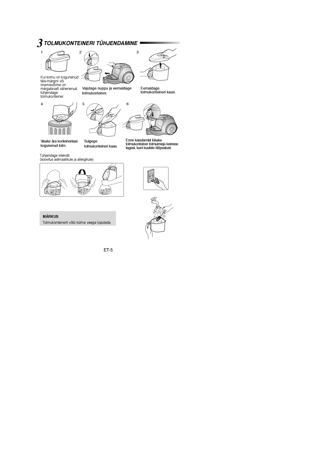 Samsung VCC4335V3W/SBW, VCC4335V3W/XSB, VCC4330V3B/XSB, VCC4330V3B/XEV, VCC4325S3R/XSB manual 3TOLMUKONTEINERI Tühjendamine 