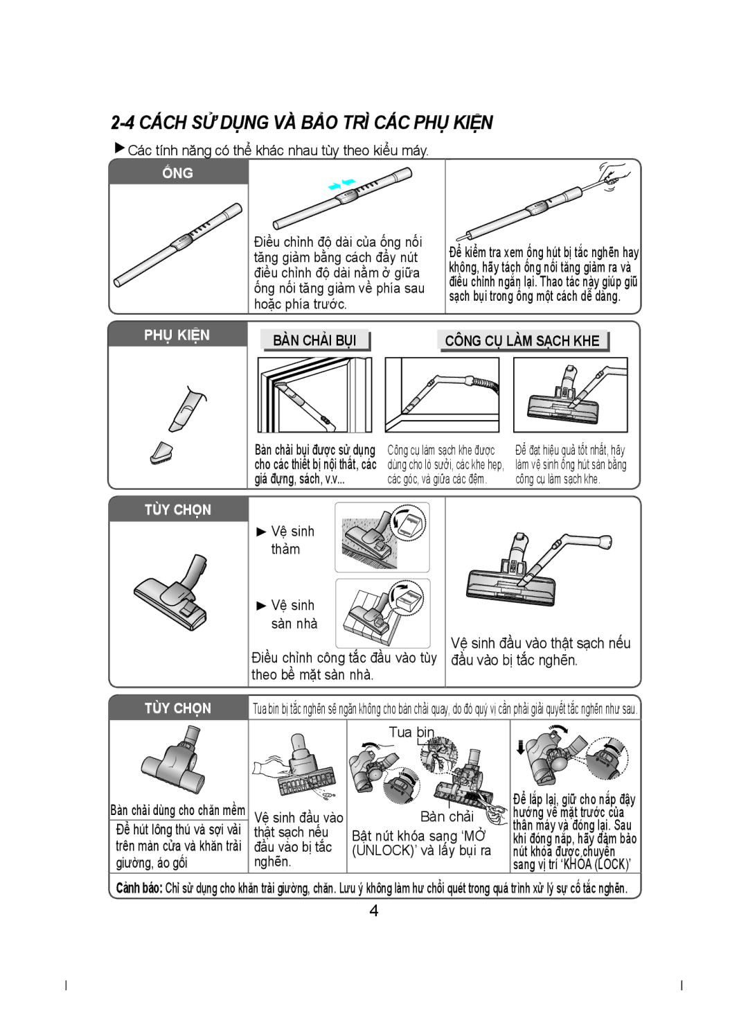 Samsung VCC4340S3K/XSV, VCC4340S2K/XSV manual Cách SỬ Dụng VÀ BẢO TRÌ CÁC PHỤ Kiện, Công CỤ LÀM Sạch KHE 