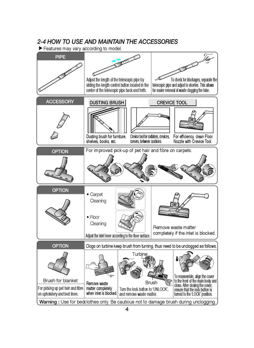 Samsung VCC4380V3B/XEF, VCC4340S3K/XTC, VCC4340S2K/XTC HOW to USE and Maintain the Accessories, Dusting Brush Crevice Tool 