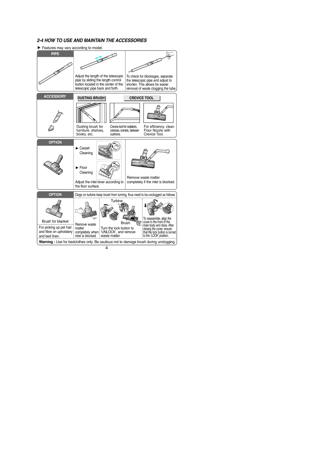 Samsung VCC4320S3A/BOL, VCC4340S3K/XTC, VCC4350V34/KEG manual HOW to USE and Maintain the Accessories, Dusting Brush 