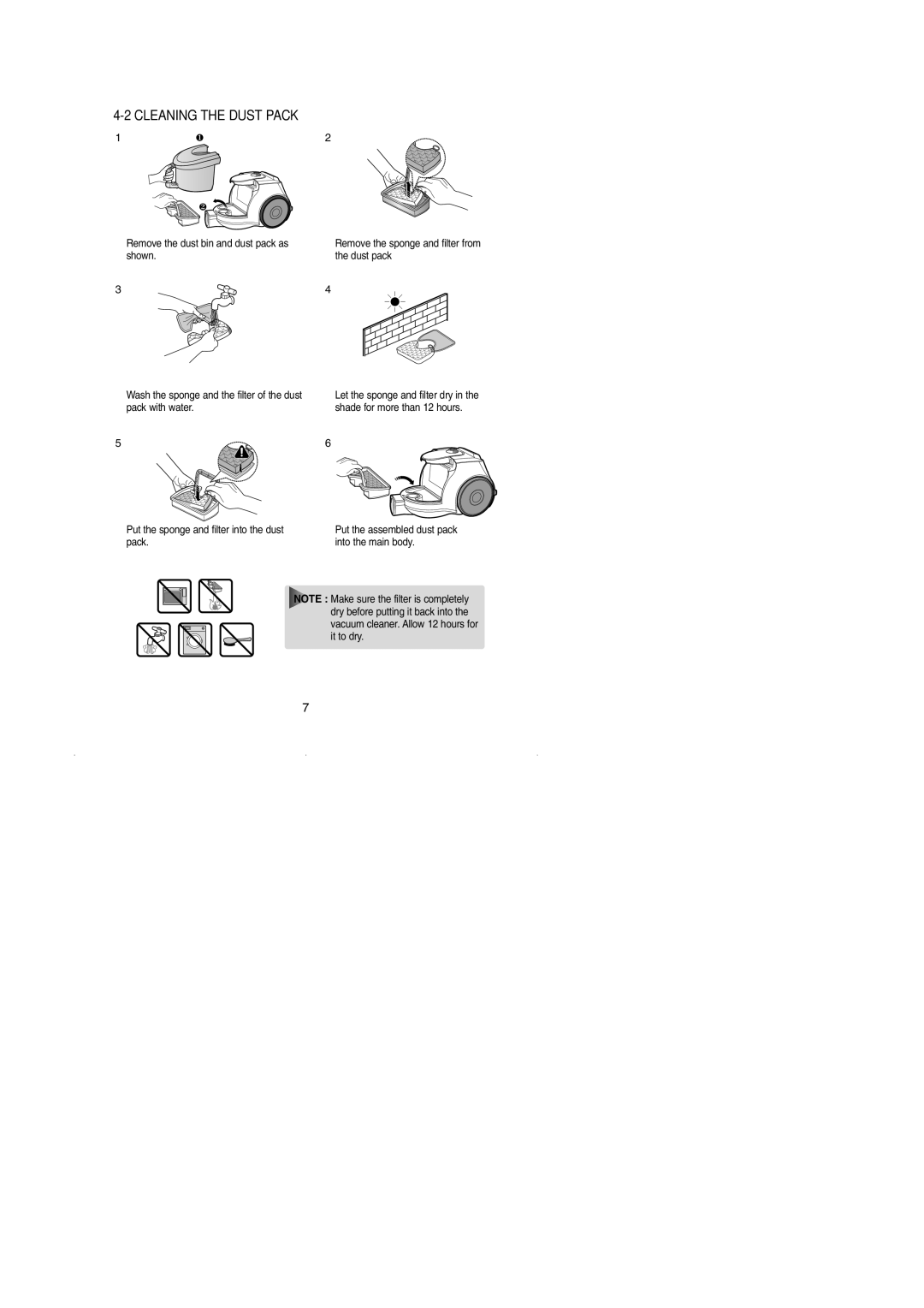 Samsung VCC4320S3K/PIC, VCC4340S3K/XTC, VCC4350V34/KEG, VCC4350V3R/XEG, VCC4340S2K/XTC, VCC4380V3B/XEF Cleaning the Dust Pack 