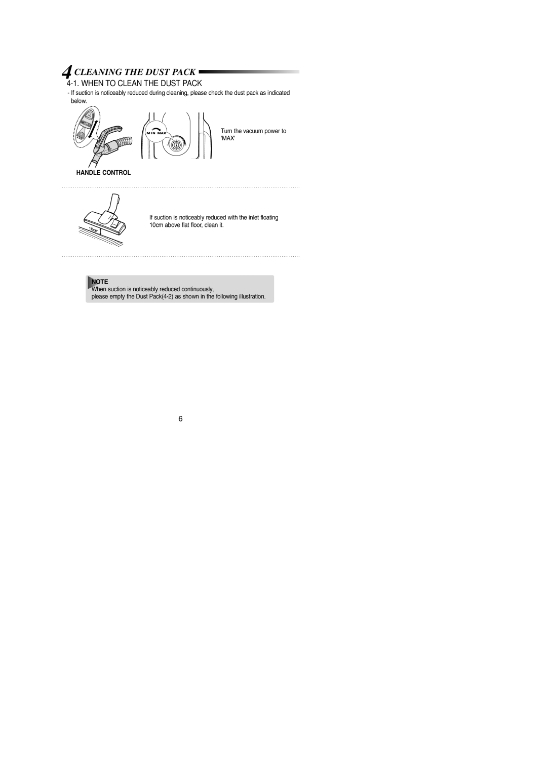 Samsung VCC4320S3K/KIC, VCC4340S3K/XTC, VCC4350V34/KEG Cleaning the Dust Pack, When to Clean the Dust Pack, Handle Control 