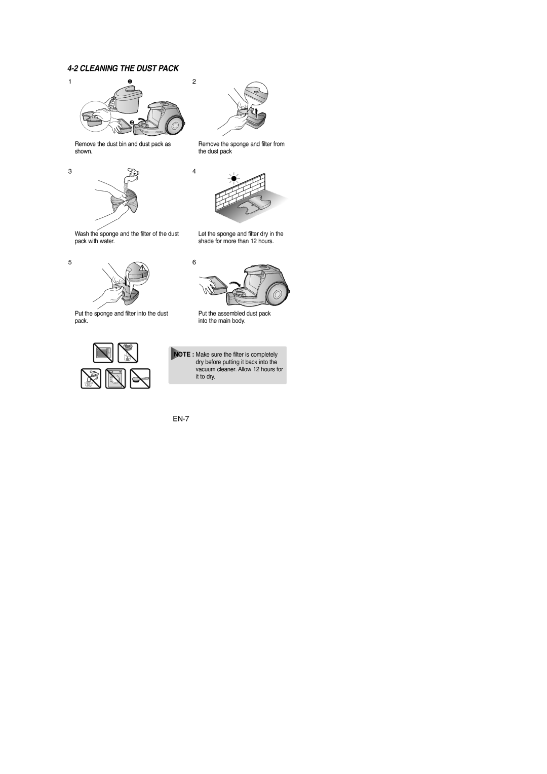 Samsung VCC4320S31/BOL, VCC4350V34/KEG, VCC4350V3R/XEG, VCC4321S3K/XEH, VCC4330V2R/NEC, VCC4335V3W/XSB Cleaning the Dust Pack 