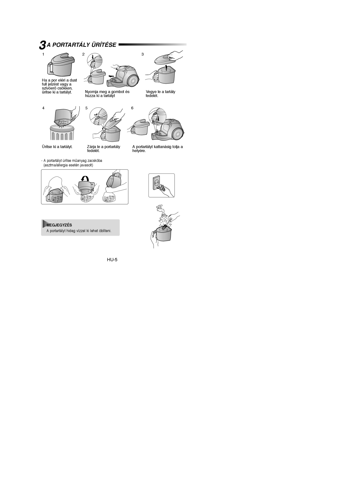 Samsung VCC4330V3B/XSB, VCC4350V34/KEG 3A Portartály Ürítése, Fedelét Helyére, Portartályt hideg vízzel ki lehet öblíteni 