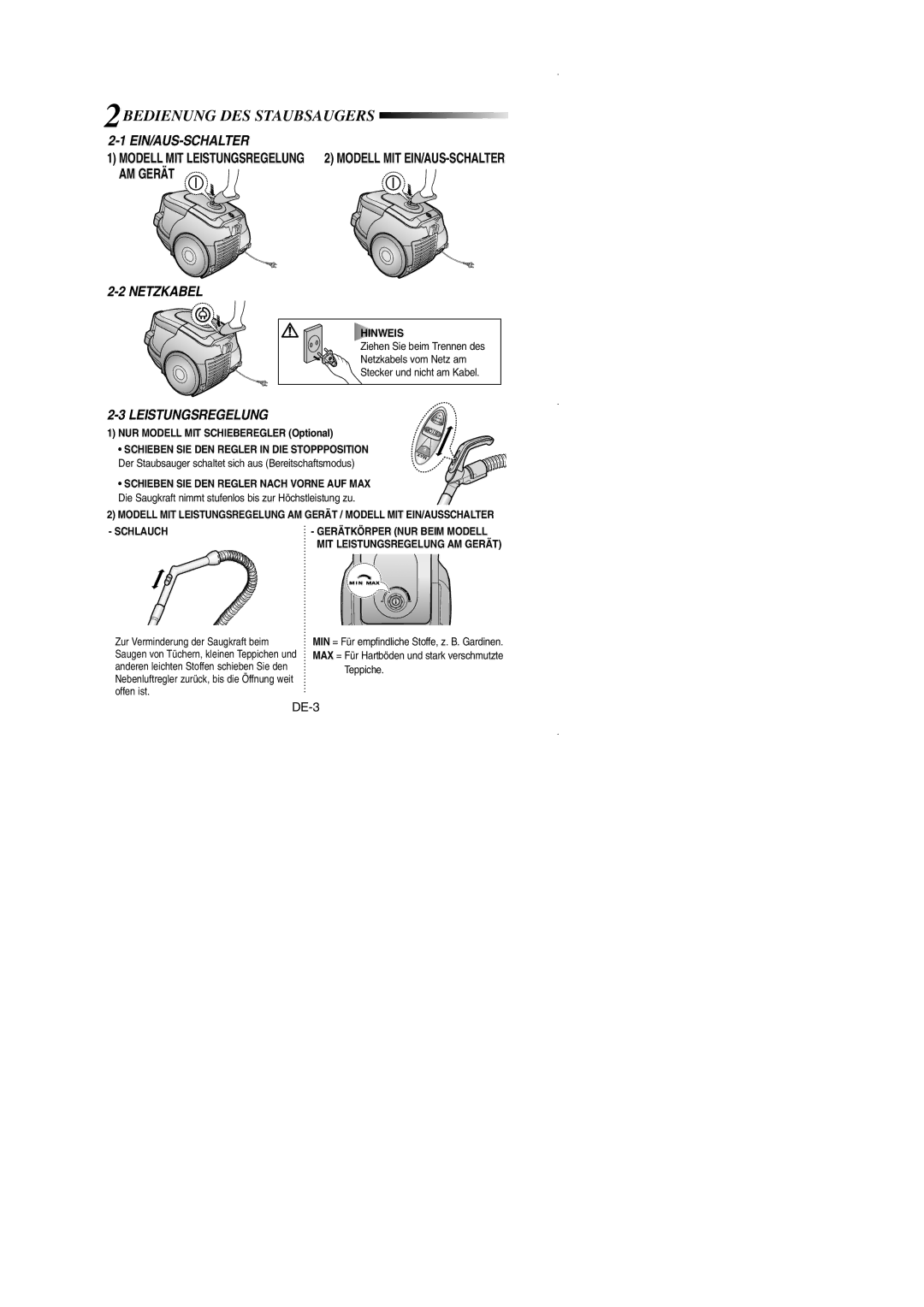 Samsung VCC4350V3R/XEG, VCC4350V34/XEG manual 2BEDIENUNG DES Staubsaugers, Ein/Aus-Schalter, Netzkabel, Leistungsregelung 