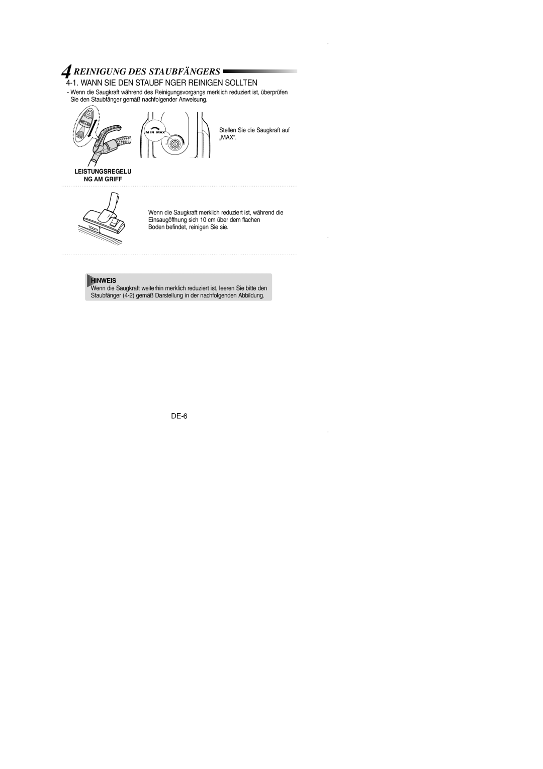 Samsung VCC4351V37/XEG Reinigung DES Staubfängers, Wann SIE DEN Staubfänger Reinigen Sollten, Leistungsregelu NG AM Griff 