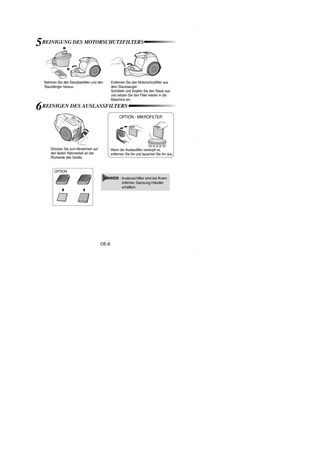 Samsung VCC4351V37/KEG, VCC4350V34/XEG, VCC4351V37/XEG manual 5REINIGUNG DES Motorschutzfilters, 6REINIGEN DES Auslassfilters 