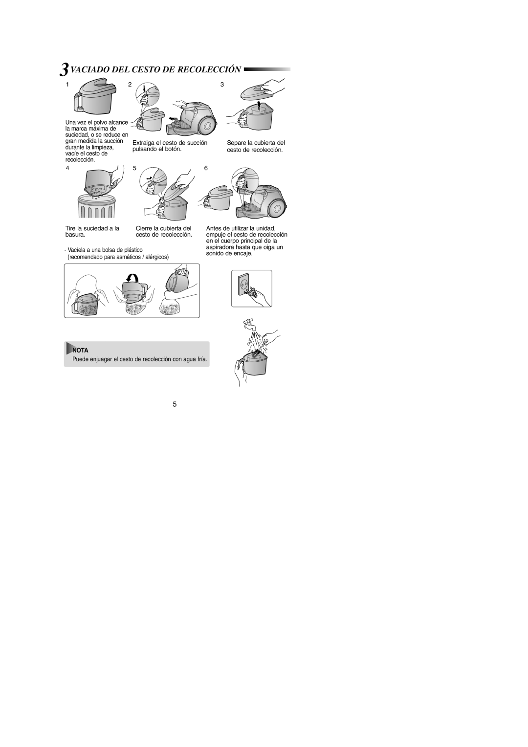 Samsung VCC4350V3K/XEC, VCC4350V3R/XEC manual 3VACIADO DEL Cesto DE Recolección 