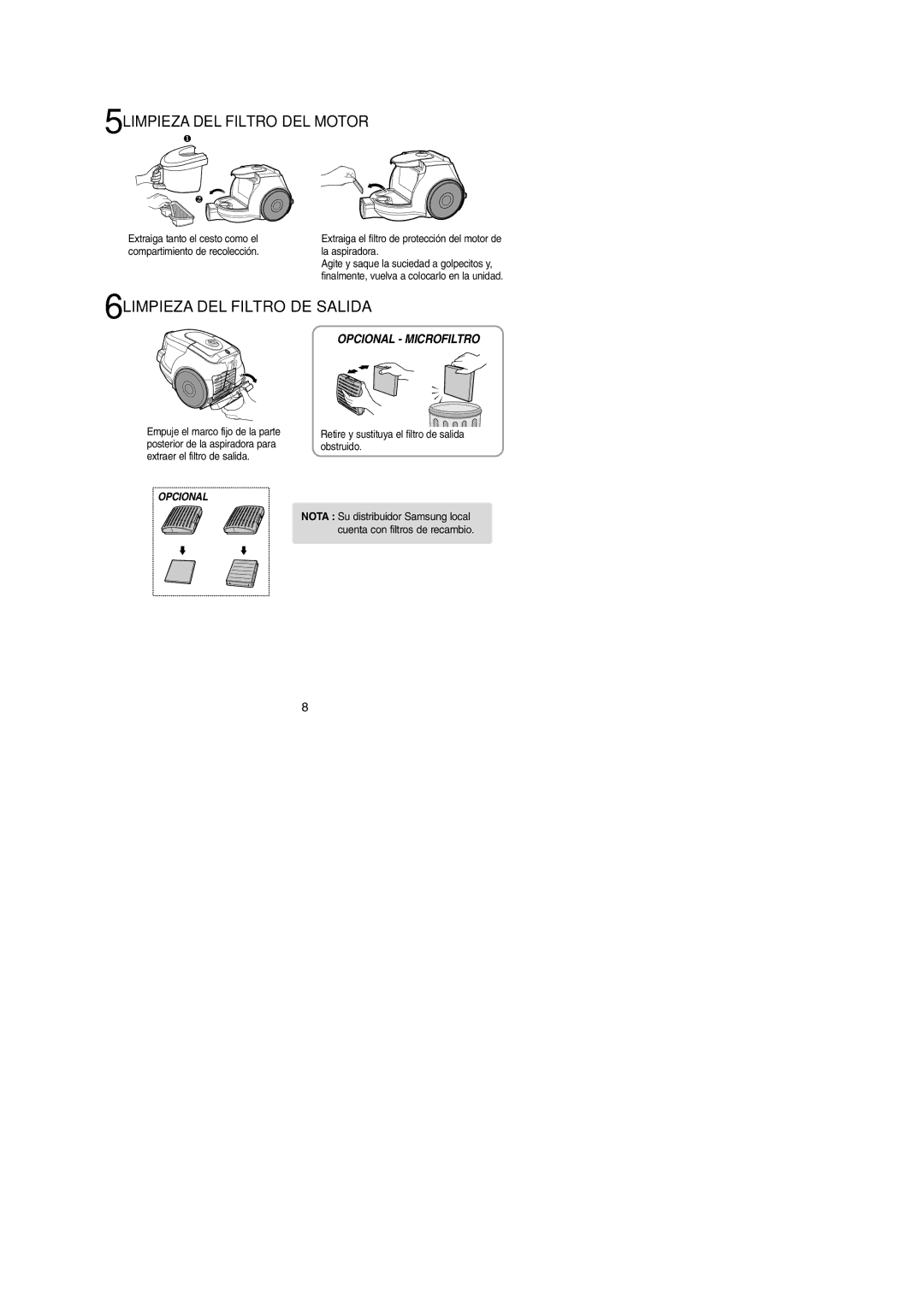 Samsung VCC4350V3R/XEC, VCC4350V3K/XEC manual 5LIMPIEZA DEL Filtro DEL Motor, 6LIMPIEZA DEL Filtro DE Salida 