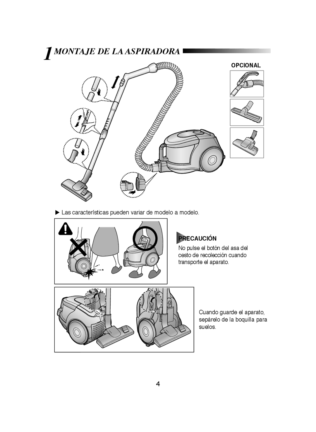 Samsung VCC4350V3K/XEC, VCC4370S3B/XEP, VCC4340S3K/XEP, VCC4340S3R/XEC manual 1MONTAJE DE LA Aspiradora, Opcional, Precaución 
