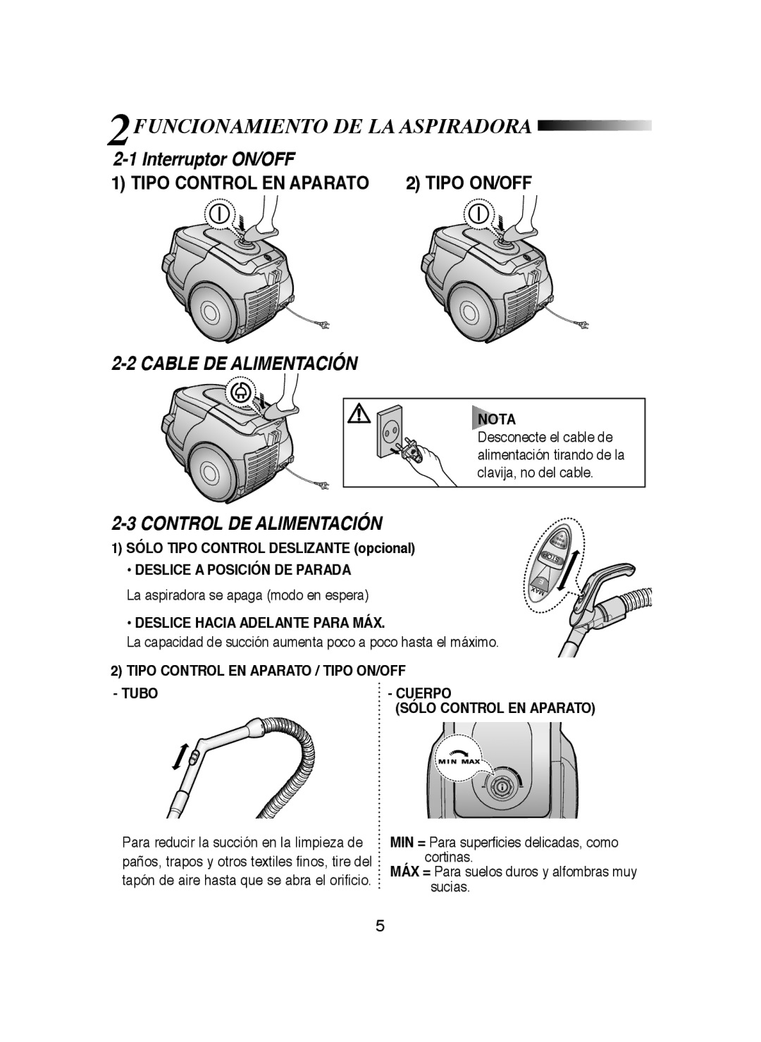 Samsung VCC43E0V3B/XEC, VCC4370S3B/XEP 2FUNCIONAMIENTO DE LA Aspiradora, Cable DE Alimentación, Control DE Alimentación 