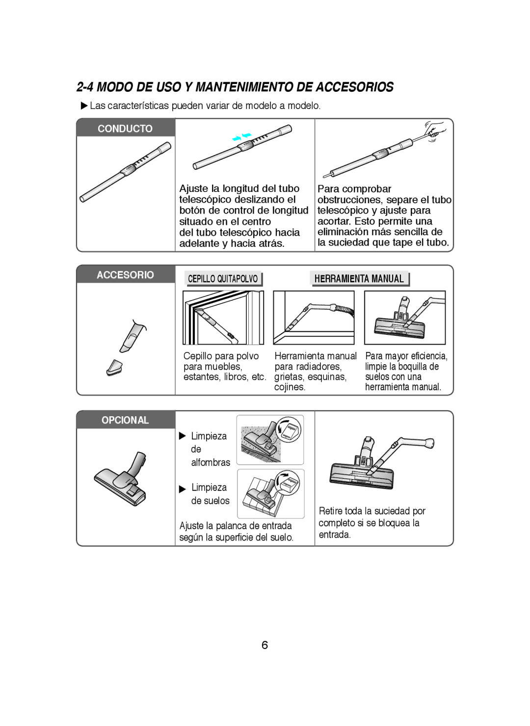 Samsung VCC4350V3R/XEC, VCC4370S3B/XEP, VCC4340S3K/XEP manual Modo DE USO Y Mantenimiento DE Accesorios, Cepillo Quitapolvo 