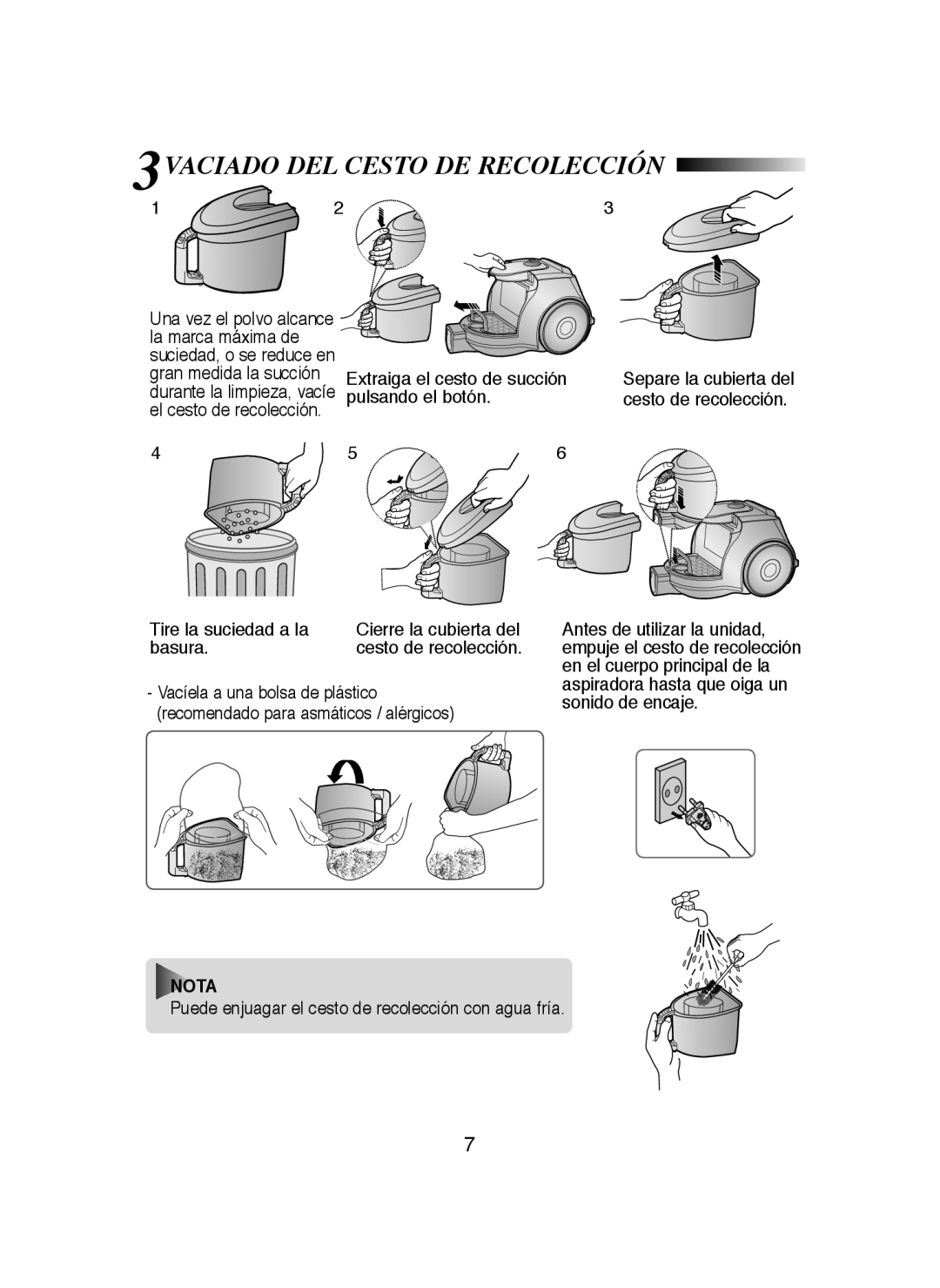 Samsung VCC4370S3B/XEP, VCC4340S3K/XEP, VCC4340S3R/XEC, VCC4370S3K/XEC, VCC4350V3K/XEC manual 3VACIADO DEL Cesto DE Recolección 