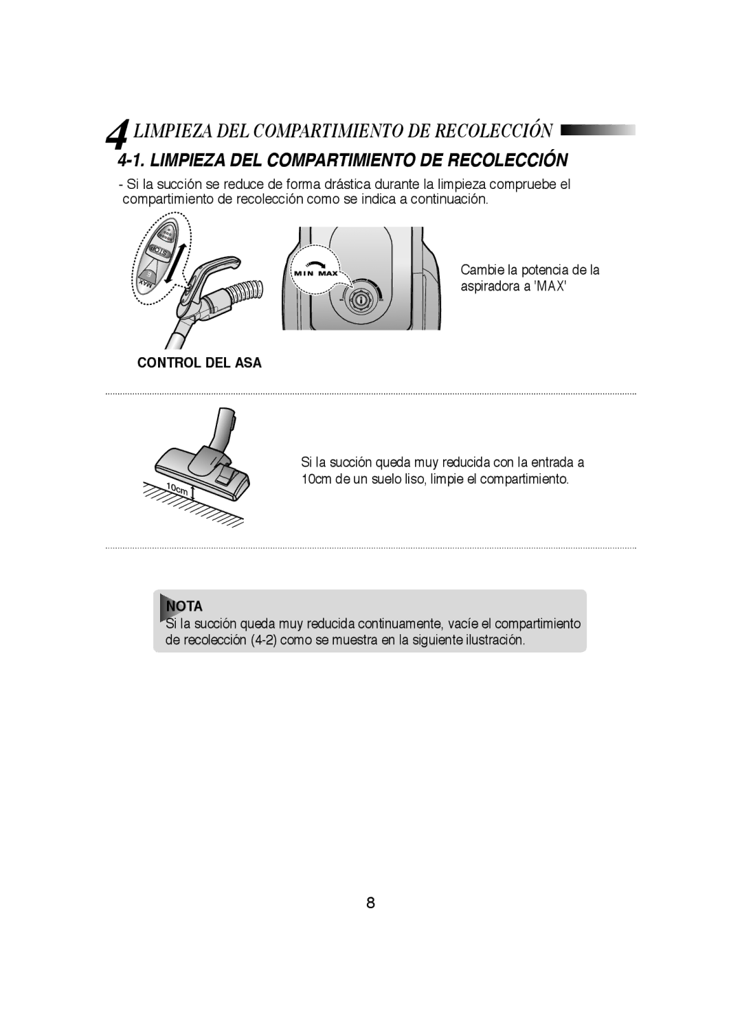 Samsung VCC4340S3K/XEP, VCC4370S3B/XEP, VCC4340S3R/XEC manual Limpieza DEL Compartimiento DE Recolección, Control DEL ASA 