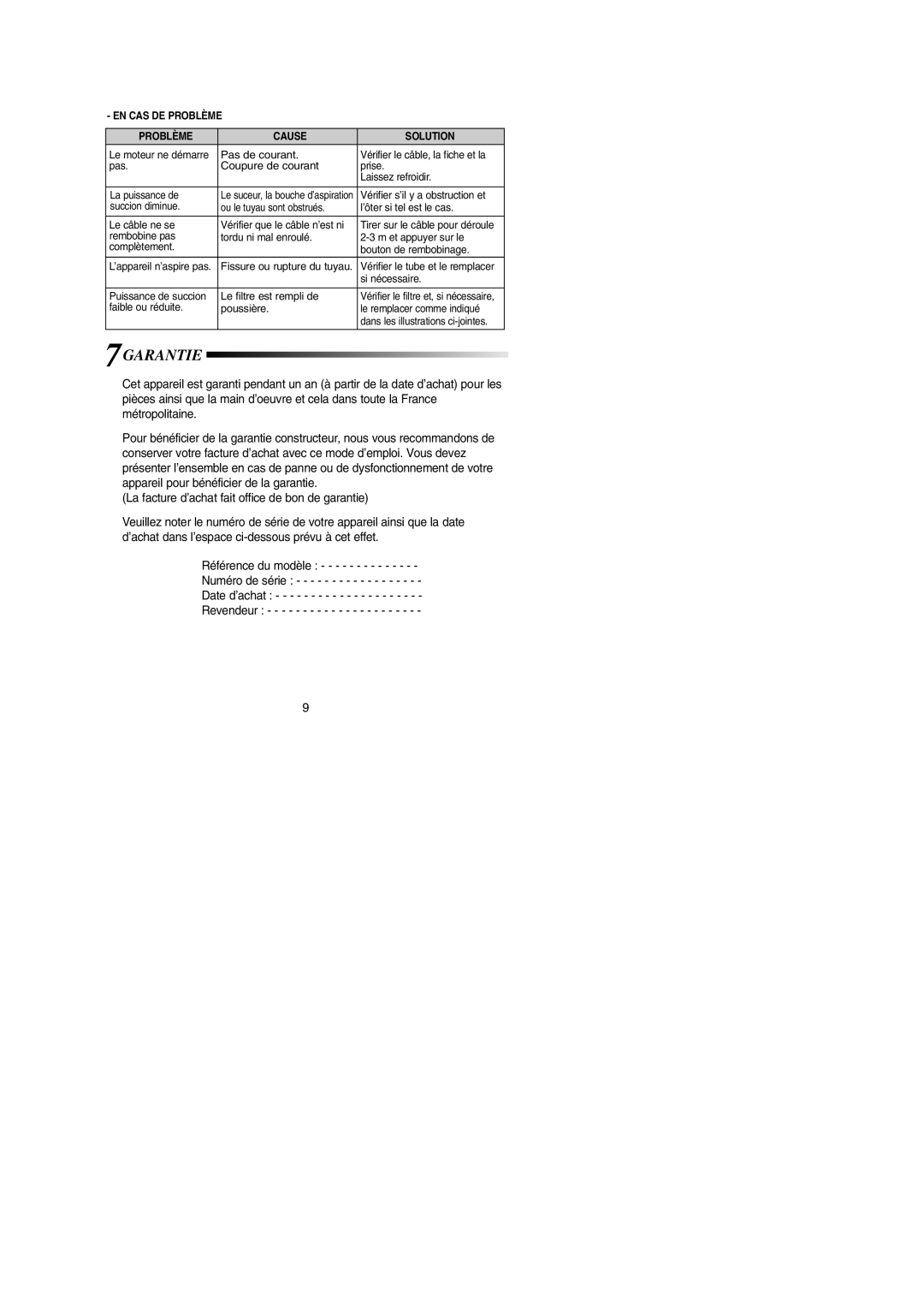 Samsung VCC4390H34/XEF, VCC4380V3B/XEF, VCC4380V3K/XEF, VCC4370S3W/XEF manual 7GARANTIE, EN CAS DE Problème Cause Solution 