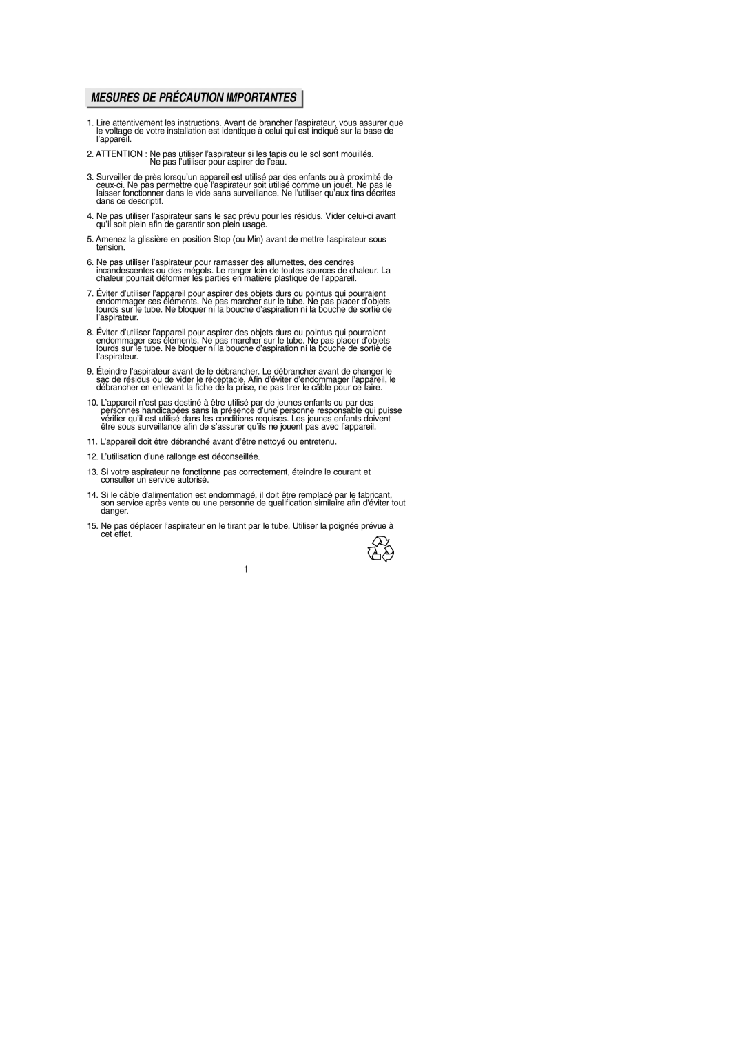 Samsung VCC4370S3W/XEF, VCC4380V3B/XEF, VCC4380V3K/XEF, VCC4390H34/XEF, VCC4340S3K/XEF manual Mesures DE Précaution Importantes 