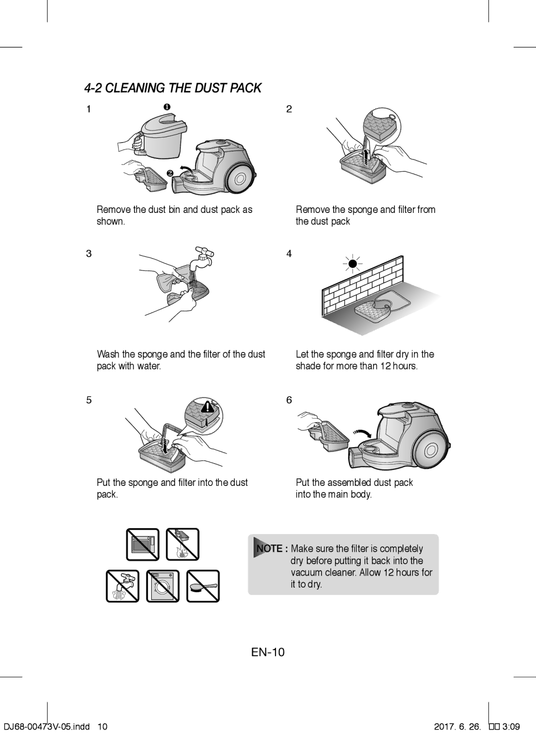 Samsung VCC43E0V3B/XEN, VCC43E0V3B/XEH, VCC43E0V3B/XSB, VCC43U0V3B/XSB manual Cleaning the Dust Pack 