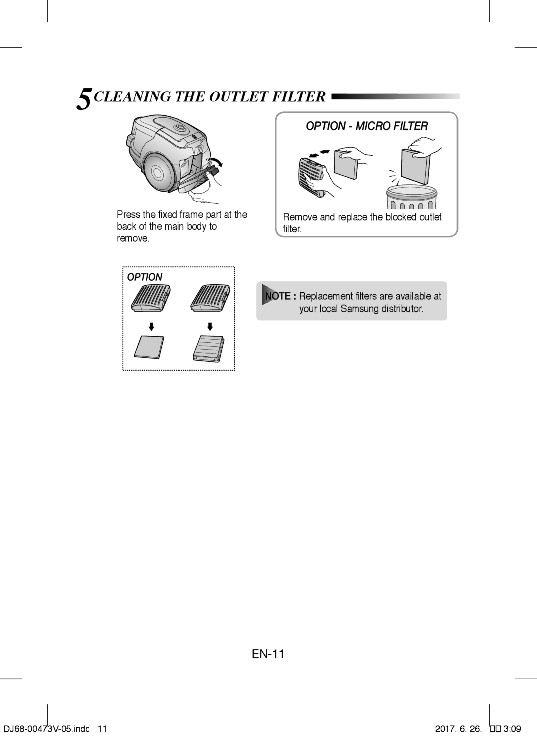 Samsung VCC43U0V3B/XSB, VCC43E0V3B/XEH, VCC43E0V3B/XSB, VCC43E0V3B/XEN manual 5CLEANING the Outlet Filter 