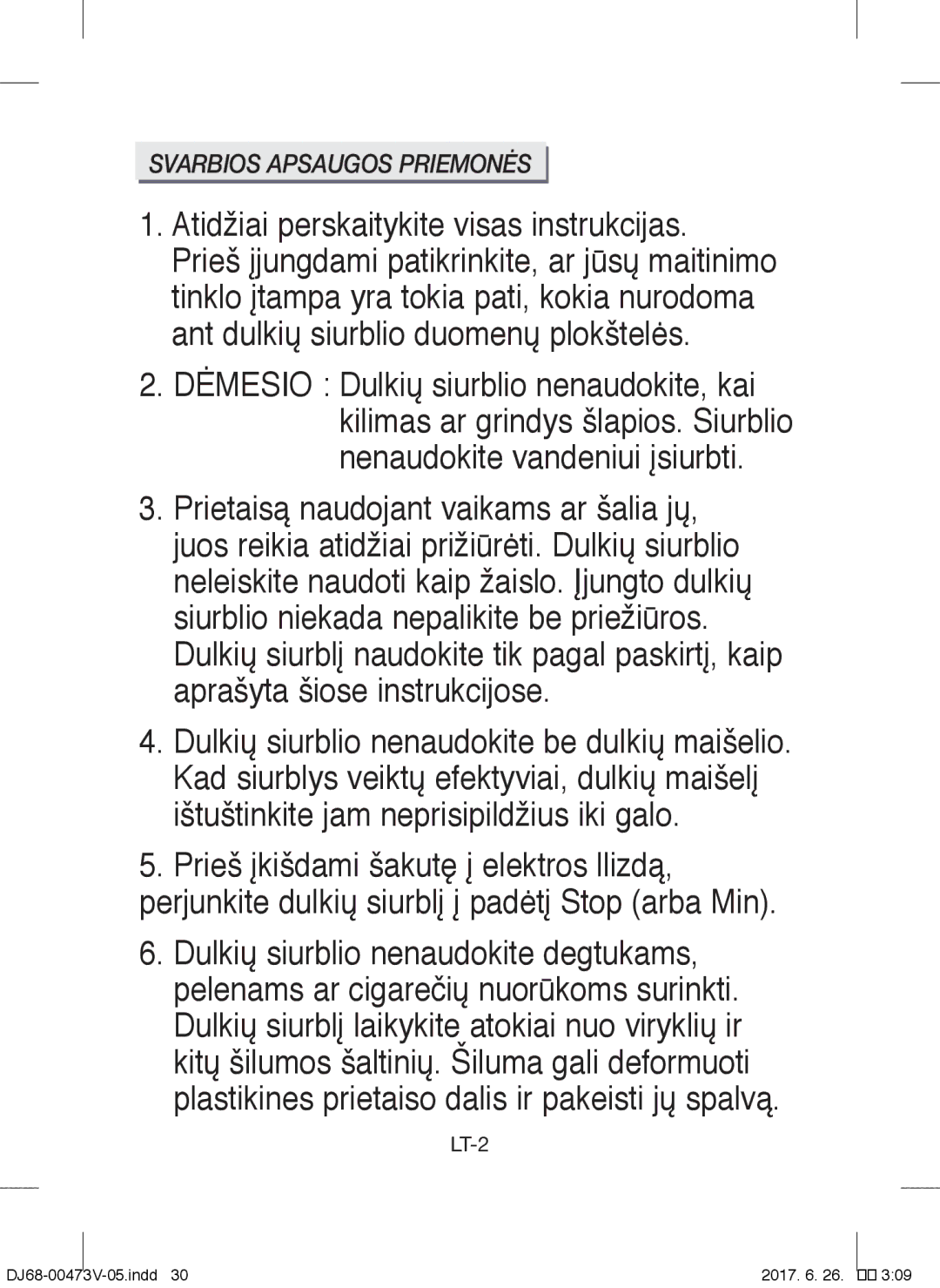 Samsung VCC43E0V3B/XEN, VCC43E0V3B/XEH manual Atidžiai perskaitykite visas instrukcijas, Svarbios Apsaugos Priemonės 