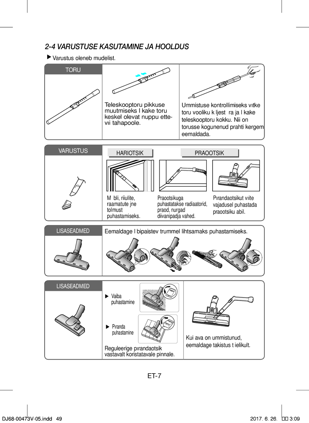 Samsung VCC43E0V3B/XSB, VCC43E0V3B/XEH, VCC43E0V3B/XEN, VCC43U0V3B/XSB manual Varustuse Kasutamine JA Hooldus, Praootsik 