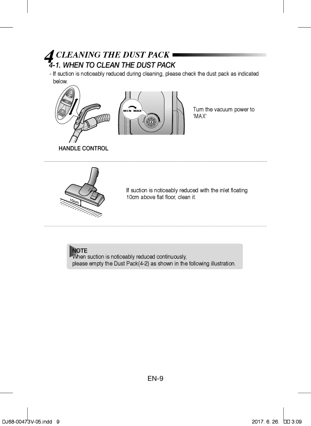 Samsung VCC43E0V3B/XSB, VCC43E0V3B/XEH, VCC43E0V3B/XEN, VCC43U0V3B/XSB manual When to Clean the Dust Pack, Handle Control 