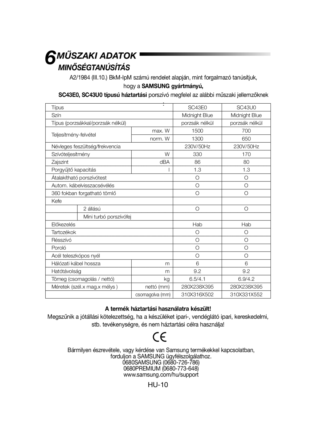 Samsung VCC43U0V3D/XEH, VCC43E0V3B/XEH, VCC43U0V3B/XEH manual 6MŰSZAKI Adatok, Minőségtanúsítás 