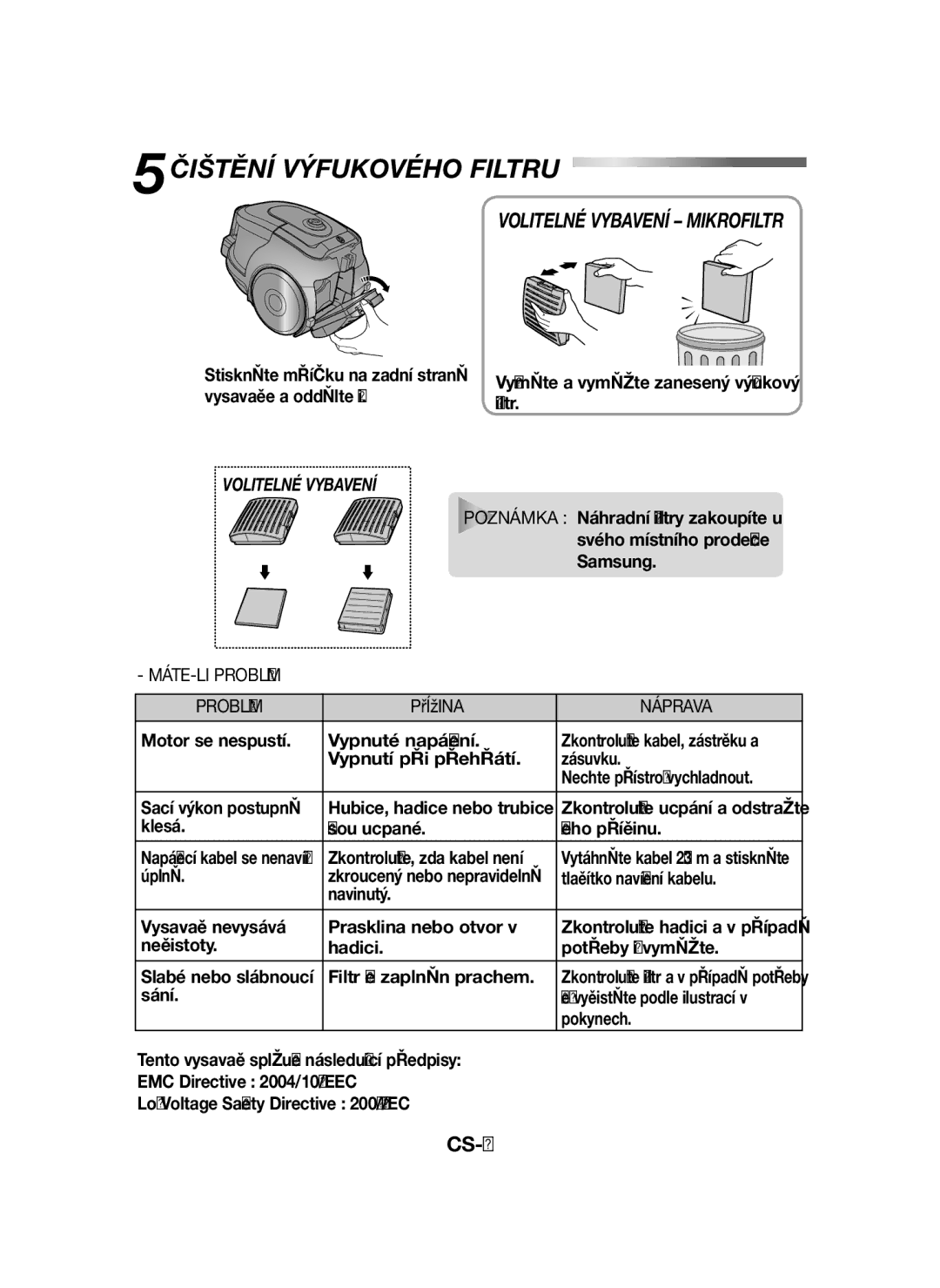 Samsung VCC43U0V3B/XEH, VCC43E0V3B/XEH, VCC43U0V3D/XEH manual 5ČIŠTĚNÍ Výfukového Filtru, MÁTE-LI Problém Příčina Náprava 