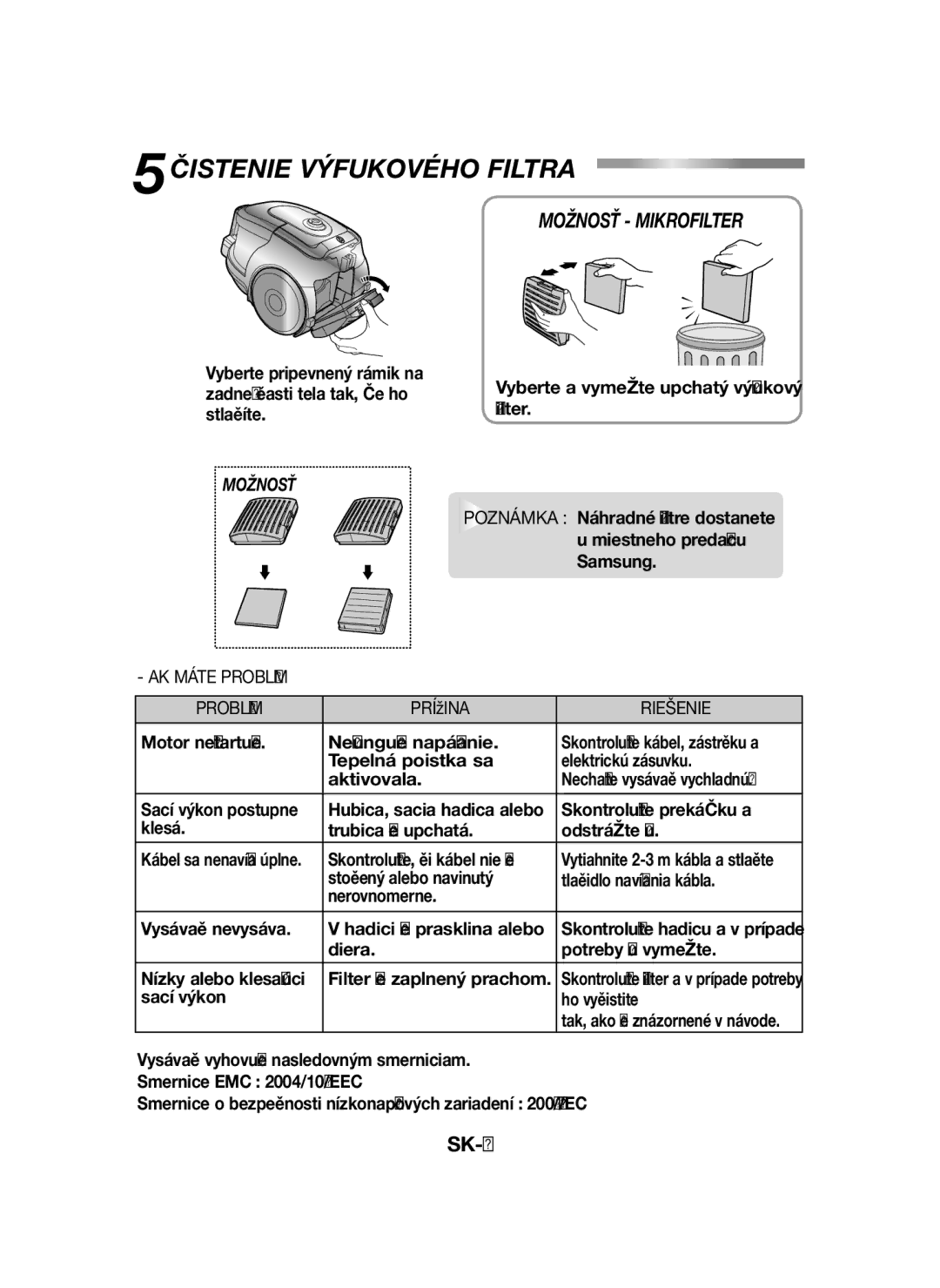 Samsung VCC43U0V3B/XEH manual 5ČISTENIE Výfukového Filtra, AK Máte Problém Príčina Riešenie, Skontrolujte, či kábel nie je 