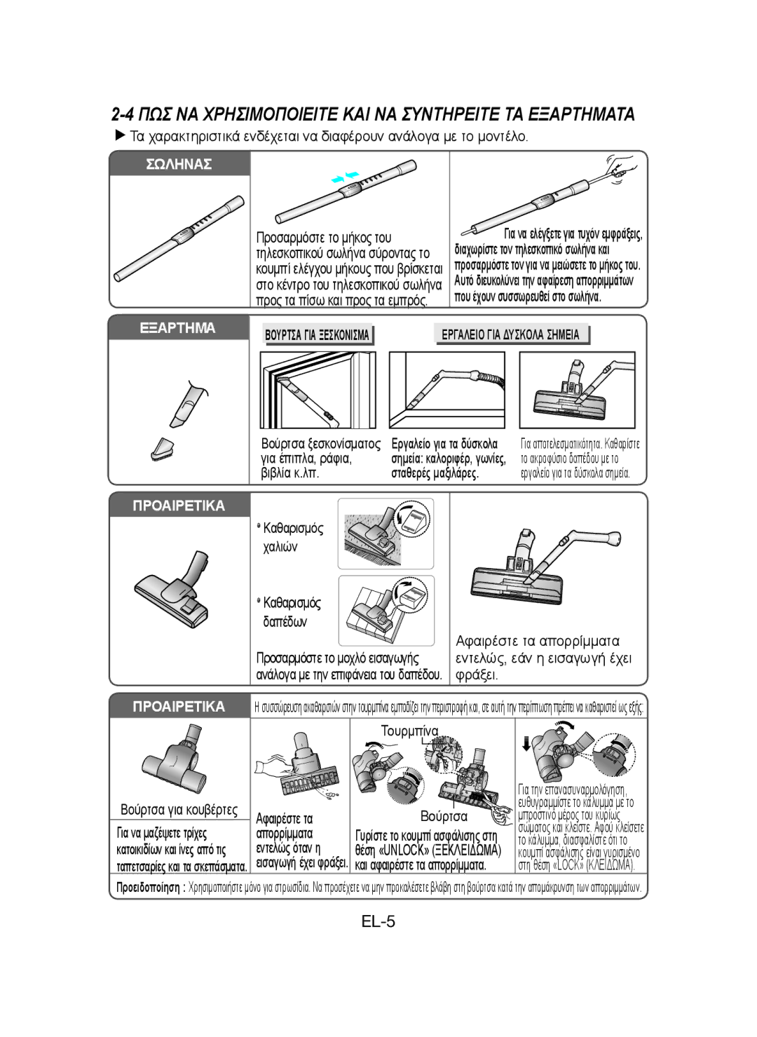 Samsung VCC43E0V3B/XEH manual Εργαλειο ΓΙΑ Δυσκολα Σημεια, Σταθερές μαξιλάρες, Βούρτσα για κουβέρτες, Τουρμπίνα Βούρτσα 