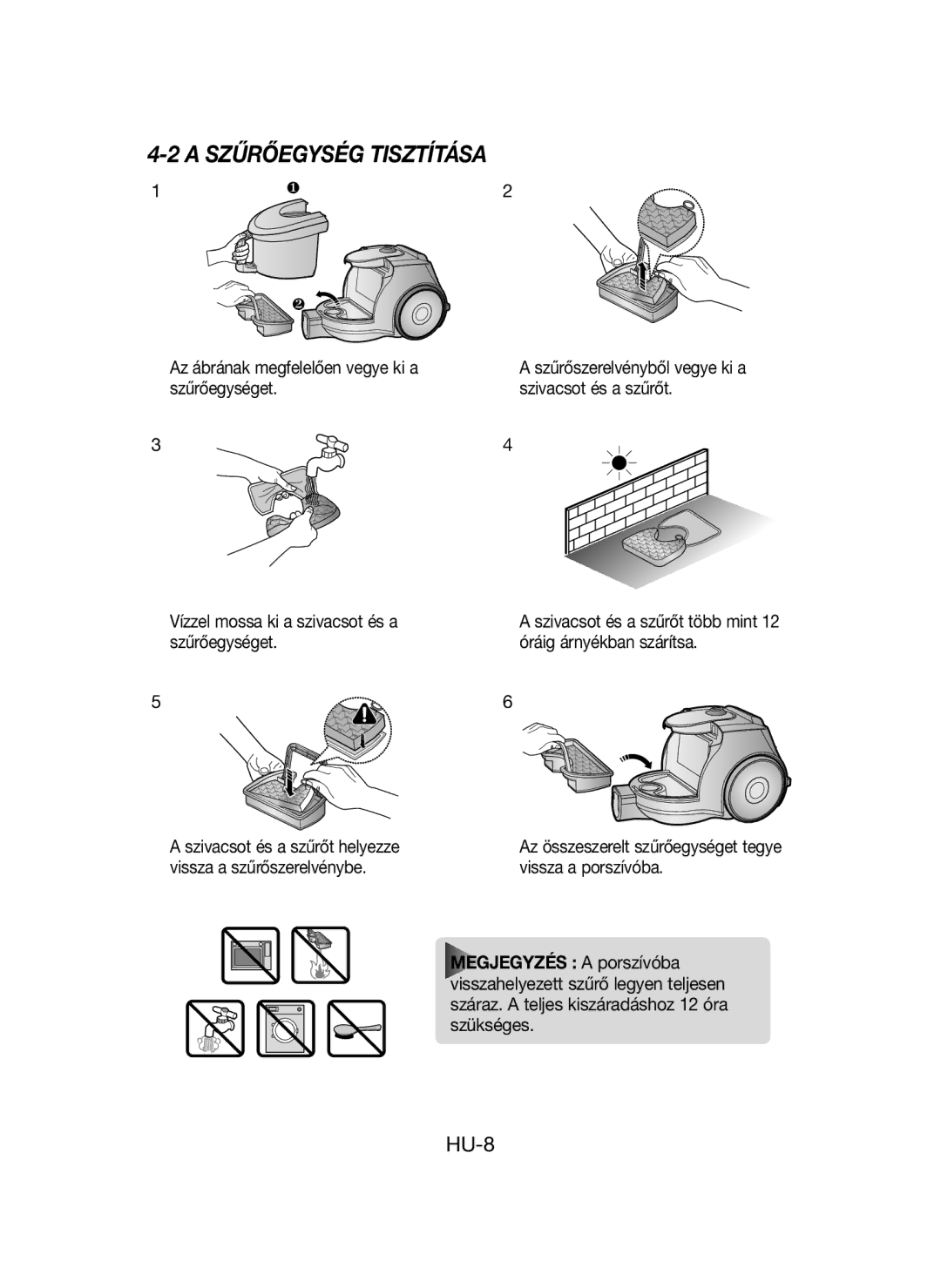 Samsung VCC43E0V3B/XEH, VCC43U0V3B/XEH, VCC43U0V3D/XEH manual Szűrőegység Tisztítása, Szivacsot és a szűrőt helyezze 