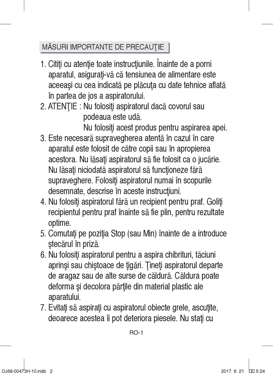 Samsung VCC43E0V3B/XEN, VCC43Q0V3B/XET, VCC4320S2B/UMG, VCC4320S3B/UMG, VCC4320S3A/BOL manual Măsuri Importante DE Precauţie 