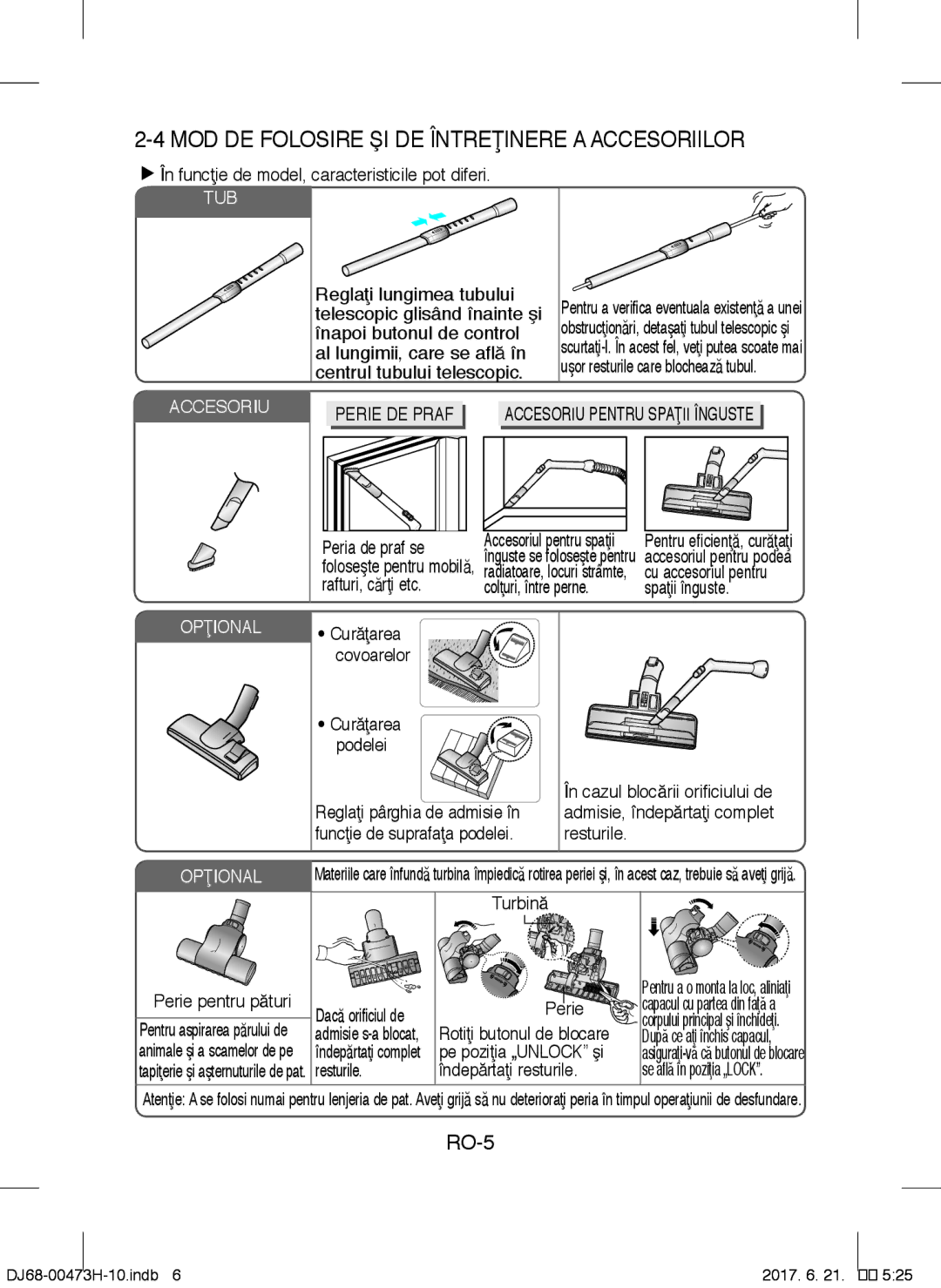 Samsung VCC4320S3K/PIC, VCC43Q0V3B/XET, VCC4320S2B/UMG, VCC4320S3B/UMG manual MOD DE Folosire ŞI DE Întreţinere a Accesoriilor 