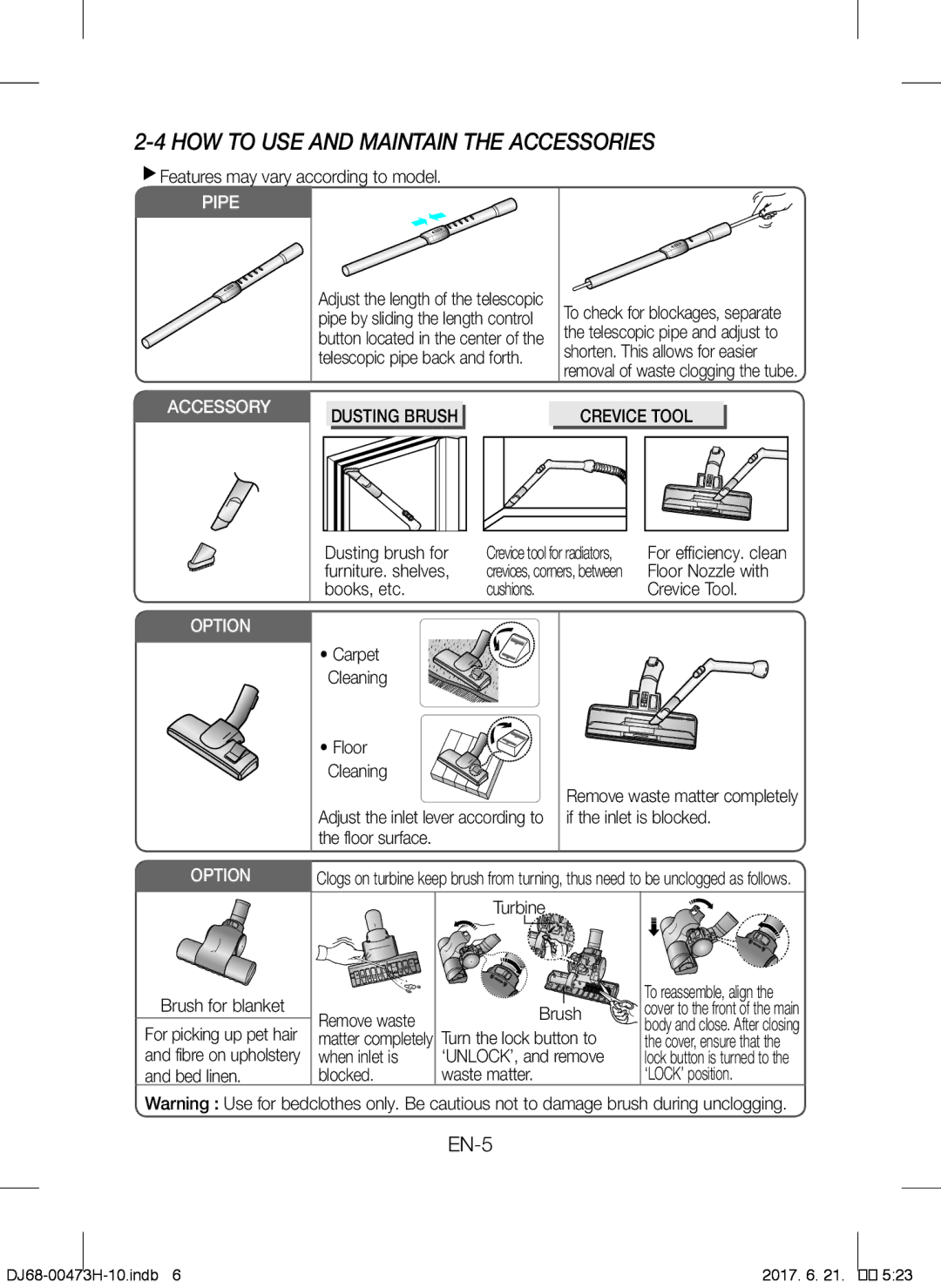 Samsung VCC43Q0V3B/BOL, VCC43Q0V3B/XET, VCC4320S2B/UMG HOW to USE and Maintain the Accessories, Dusting Brush Crevice Tool 