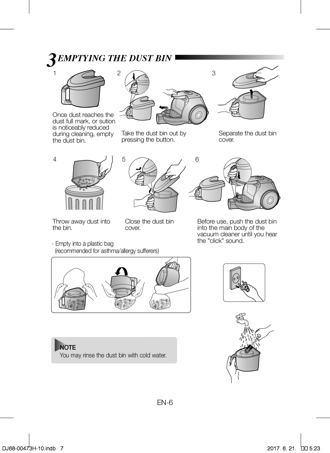 Samsung VCC43E0V3B/XSB, VCC43Q0V3B/XET manual 3EMPTYING the Dust BIN, Bin Cover Into the main body, Empty into a plastic bag 