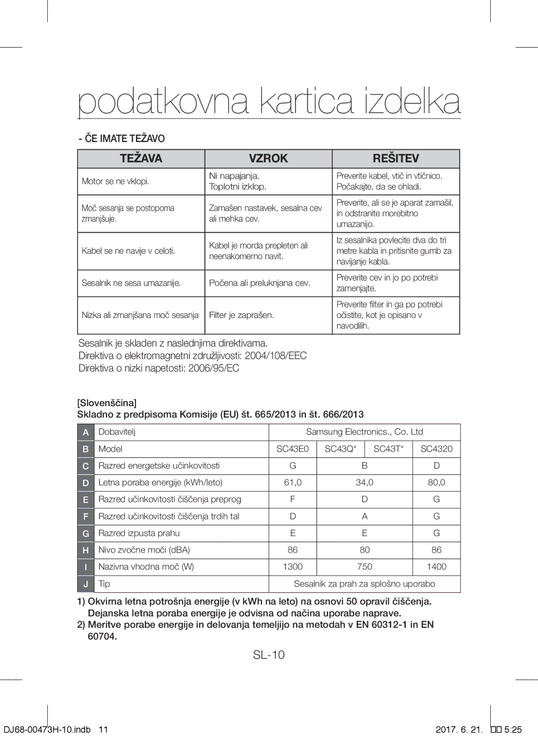 Samsung VCC4320S3K/KIC, VCC43Q0V3B/XET, VCC4320S2B/UMG, VCC4320S3B/UMG manual Podatkovna kartica izdelka, ČE Imate Težavo 