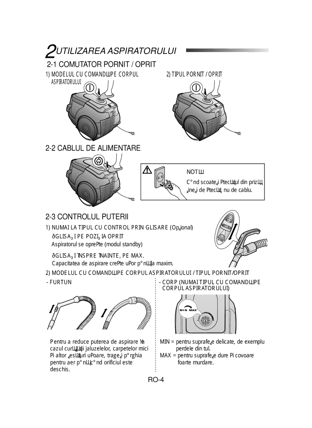 Samsung VCC4320S3K/KIC manual 2UTILIZAREA Aspiratorului, Comutator Pornit / Oprit, Cablul DE Alimentare, Controlul Puterii 