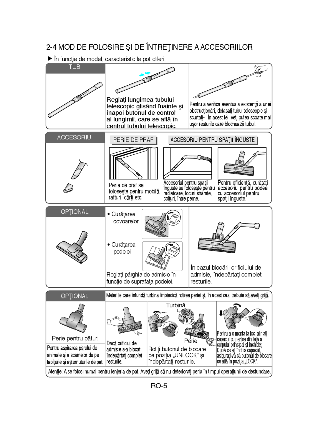 Samsung VCC4320S3K/PIC, VCC43Q0V3B/XET, VCC4320S2B/UMG, VCC4320S3B/UMG manual MOD DE Folosire ŞI DE Întreţinere a Accesoriilor 