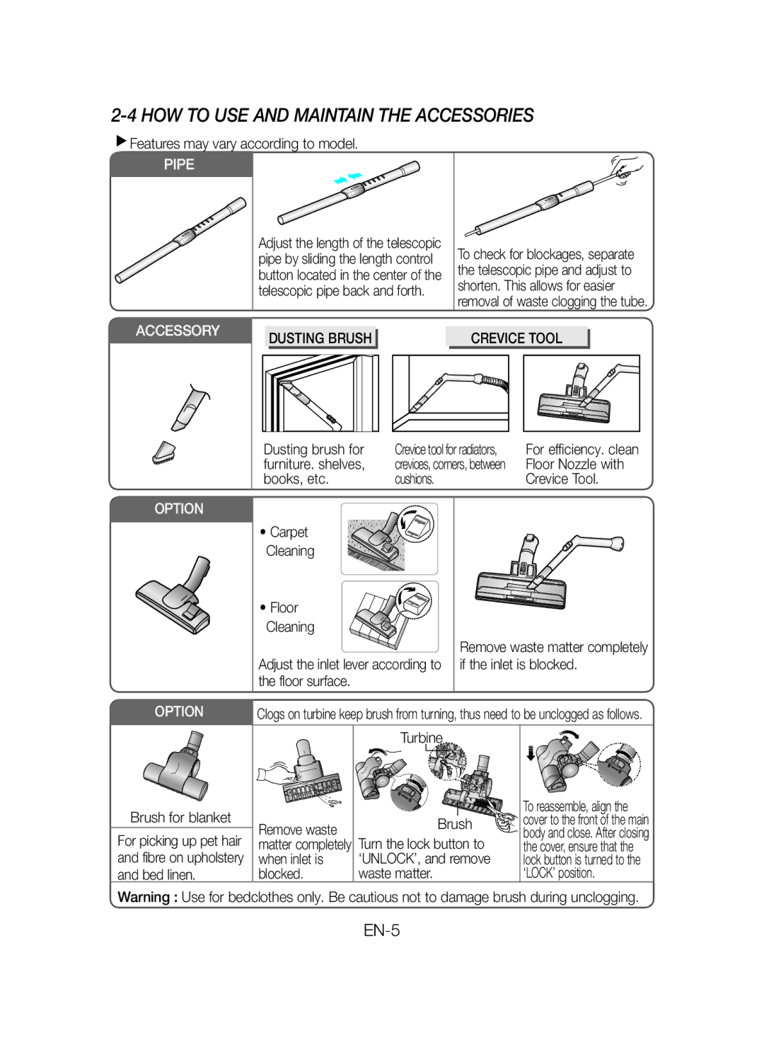 Samsung VCC43Q0V3B/BOL, VCC43Q0V3B/XET, VCC4320S2B/UMG HOW to USE and Maintain the Accessories, Dusting Brush Crevice Tool 