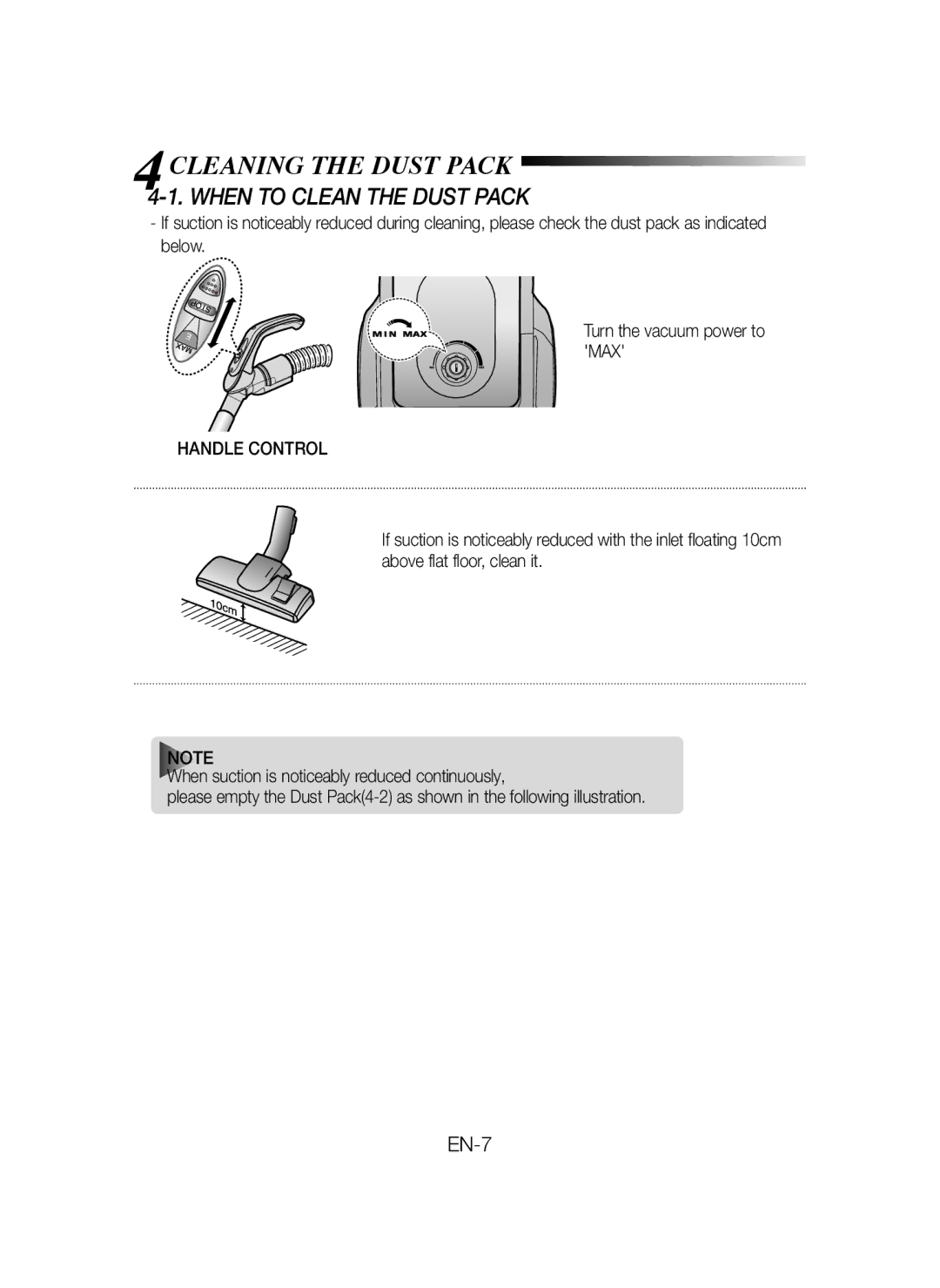 Samsung VCC43E0V3B/XEN, VCC43Q0V3B/XET, VCC4320S2B/UMG 4CLEANING the Dust Pack, When to Clean the Dust Pack, Handle Control 