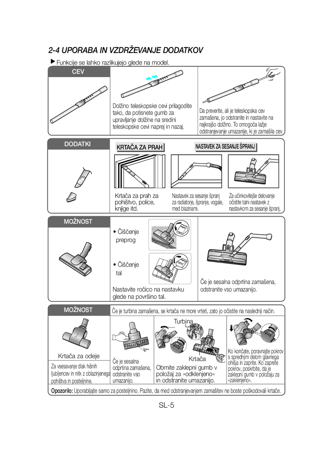 Samsung VCC43Q0V3B/BOL, VCC43Q0V3B/XET, VCC4320S2B/UMG, VCC4320S3B/UMG, VCC4320S3A/BOL manual Uporaba in Vzdrževanje Dodatkov 