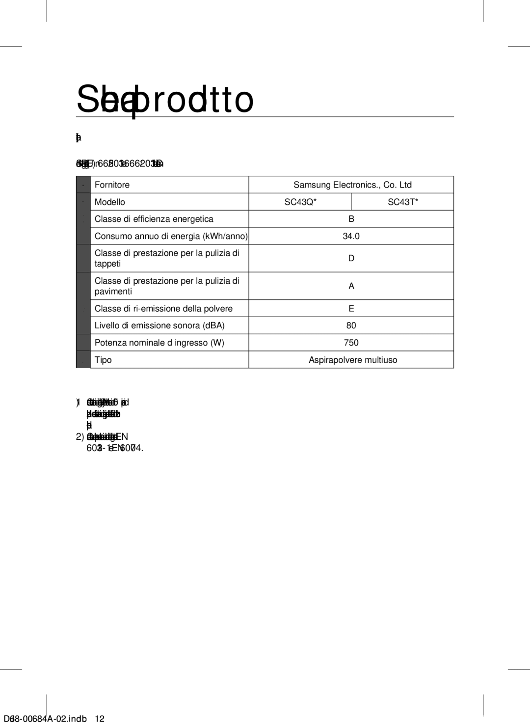 Samsung VCC43Q0V3B/XET manual Scheda prodotto 