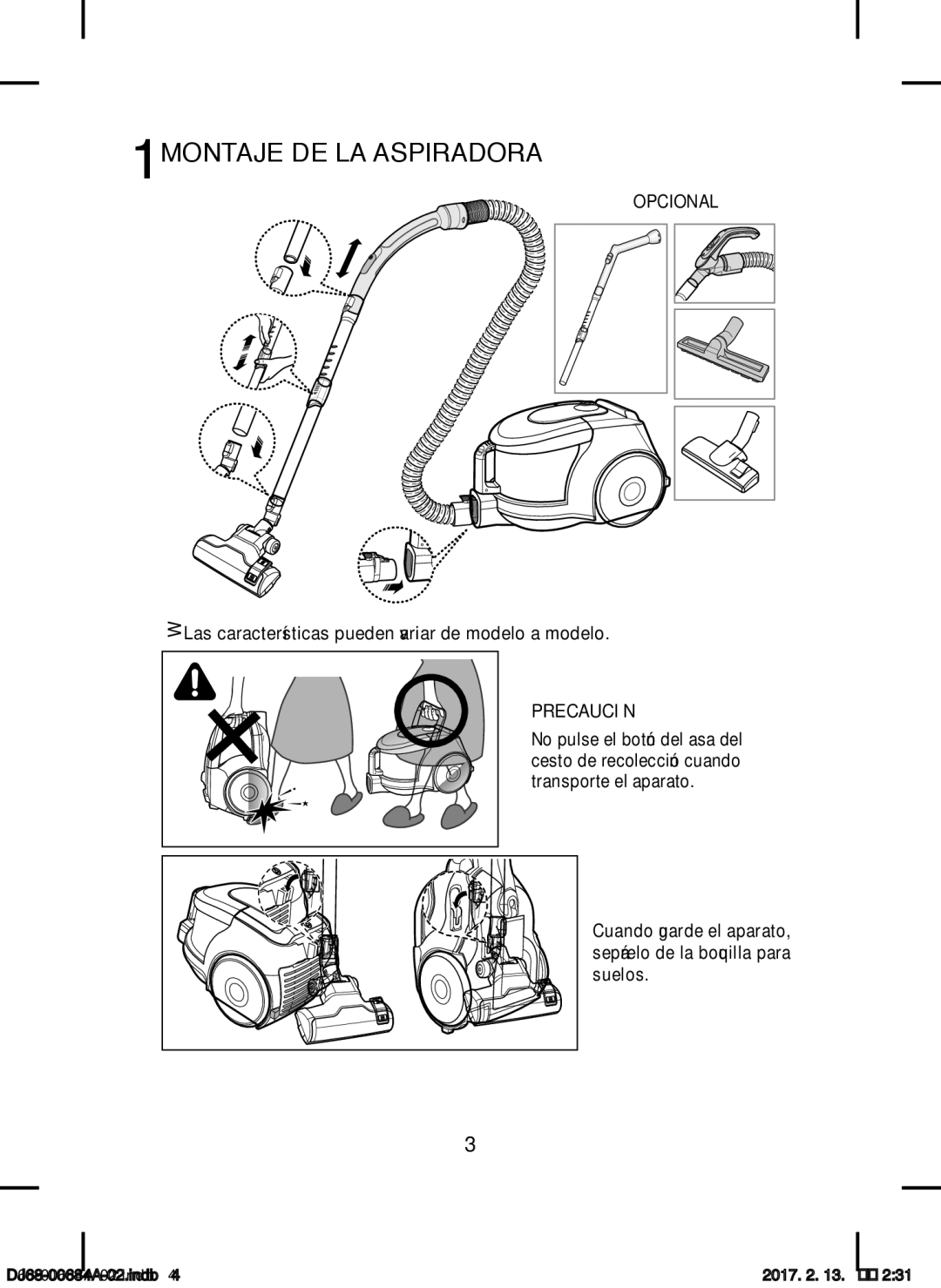 Samsung VCC43Q0V3B/XET manual 1MONTAJE DE LA Aspiradora, Opcional, Las características pueden variar de modelo a modelo 