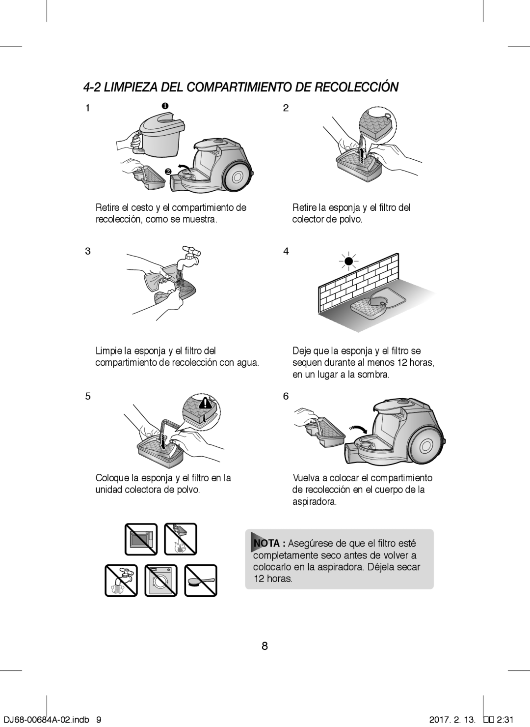 Samsung VCC43Q0V3B/XET manual Retire la esponja y el filtro del colector de polvo 