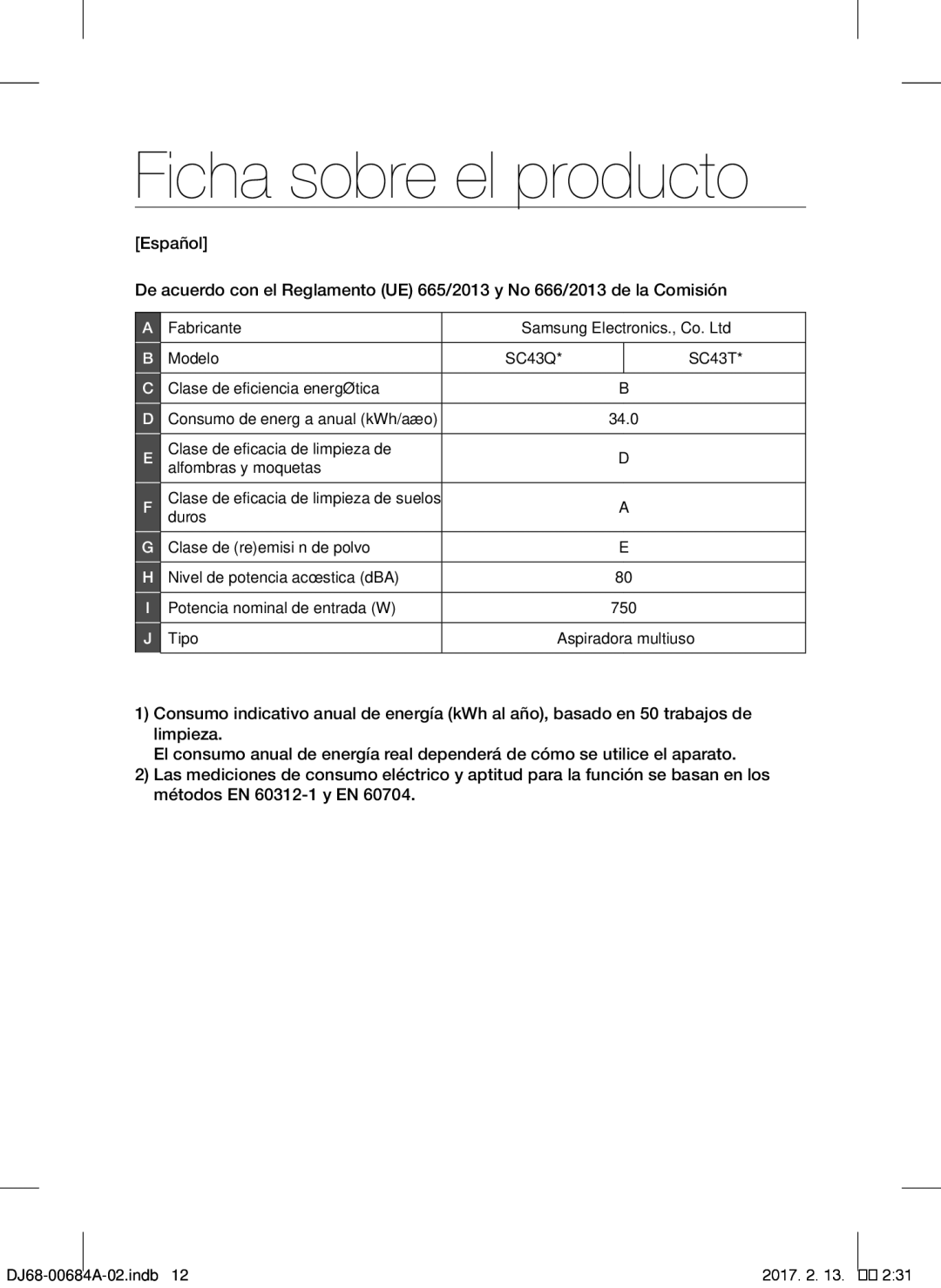 Samsung VCC43Q0V3B/XET manual Ficha sobre el producto 