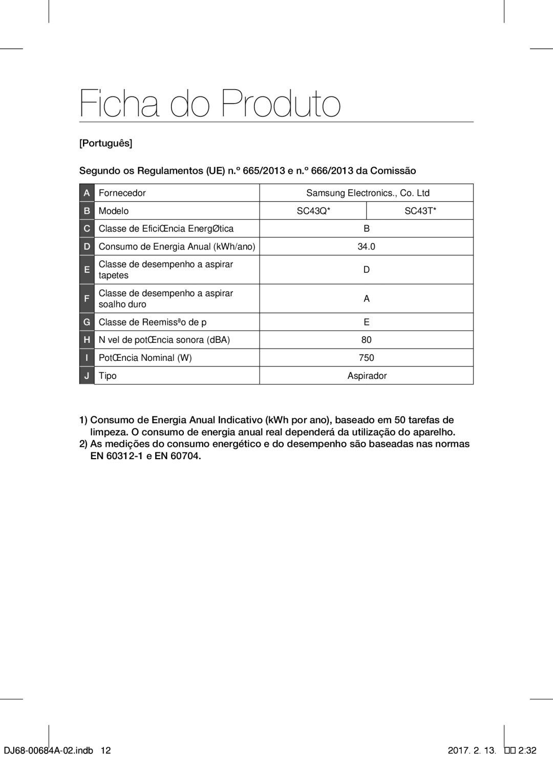 Samsung VCC43Q0V3B/XET manual Ficha do Produto 