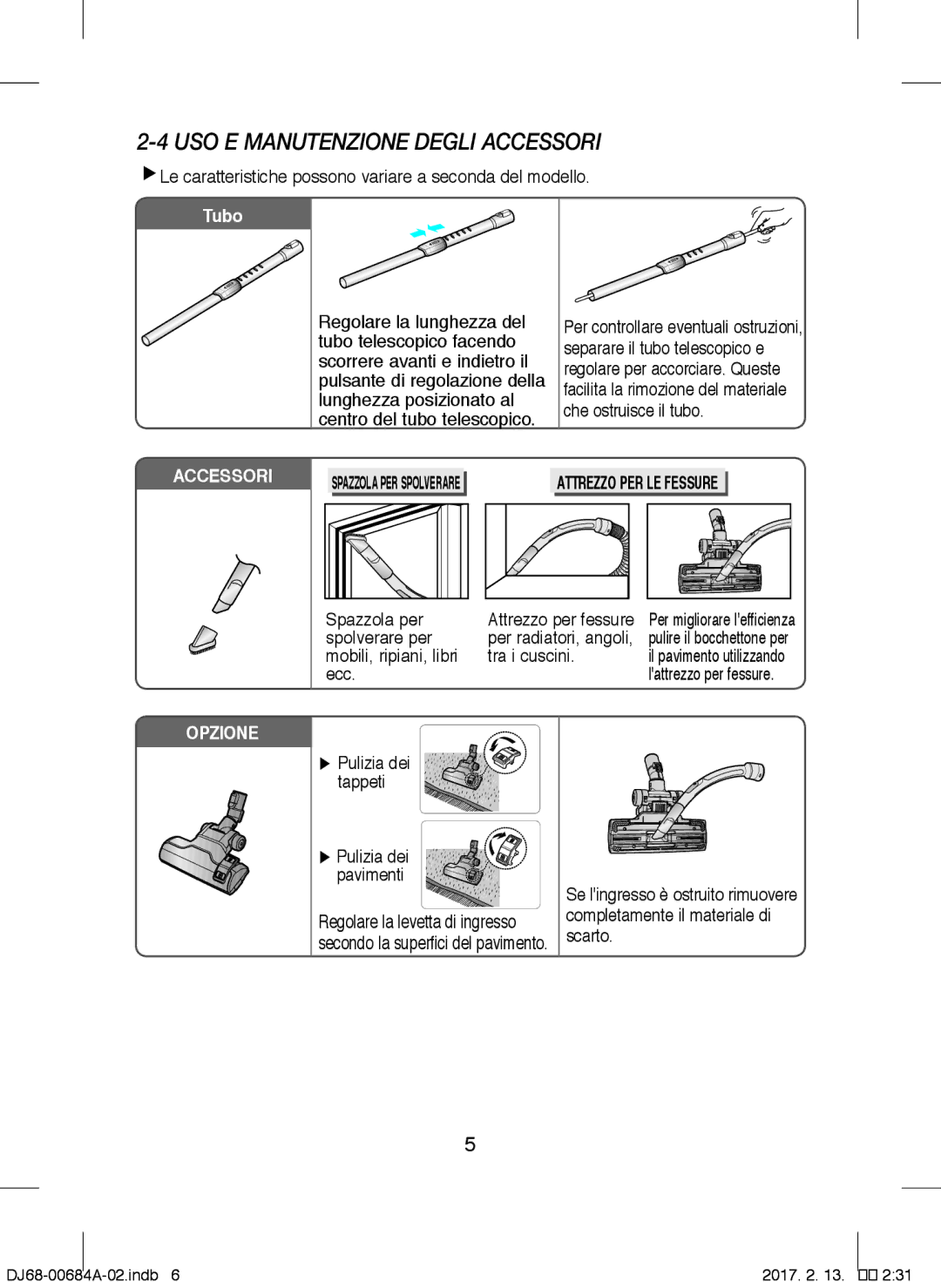 Samsung VCC43Q0V3B/XET manual USO E Manutenzione Degli Accessori 