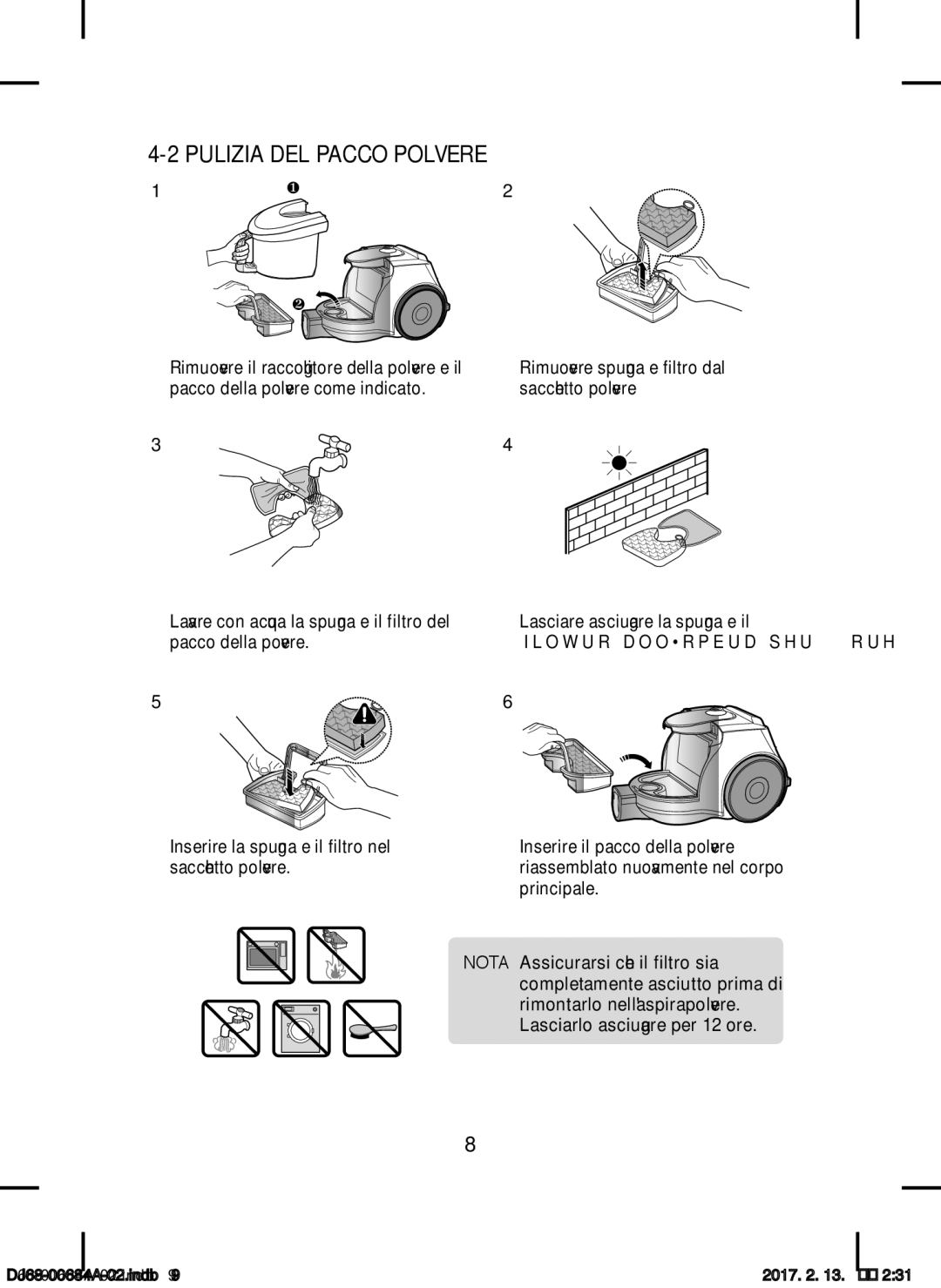 Samsung VCC43Q0V3B/XET manual Pulizia DEL Pacco Polvere 